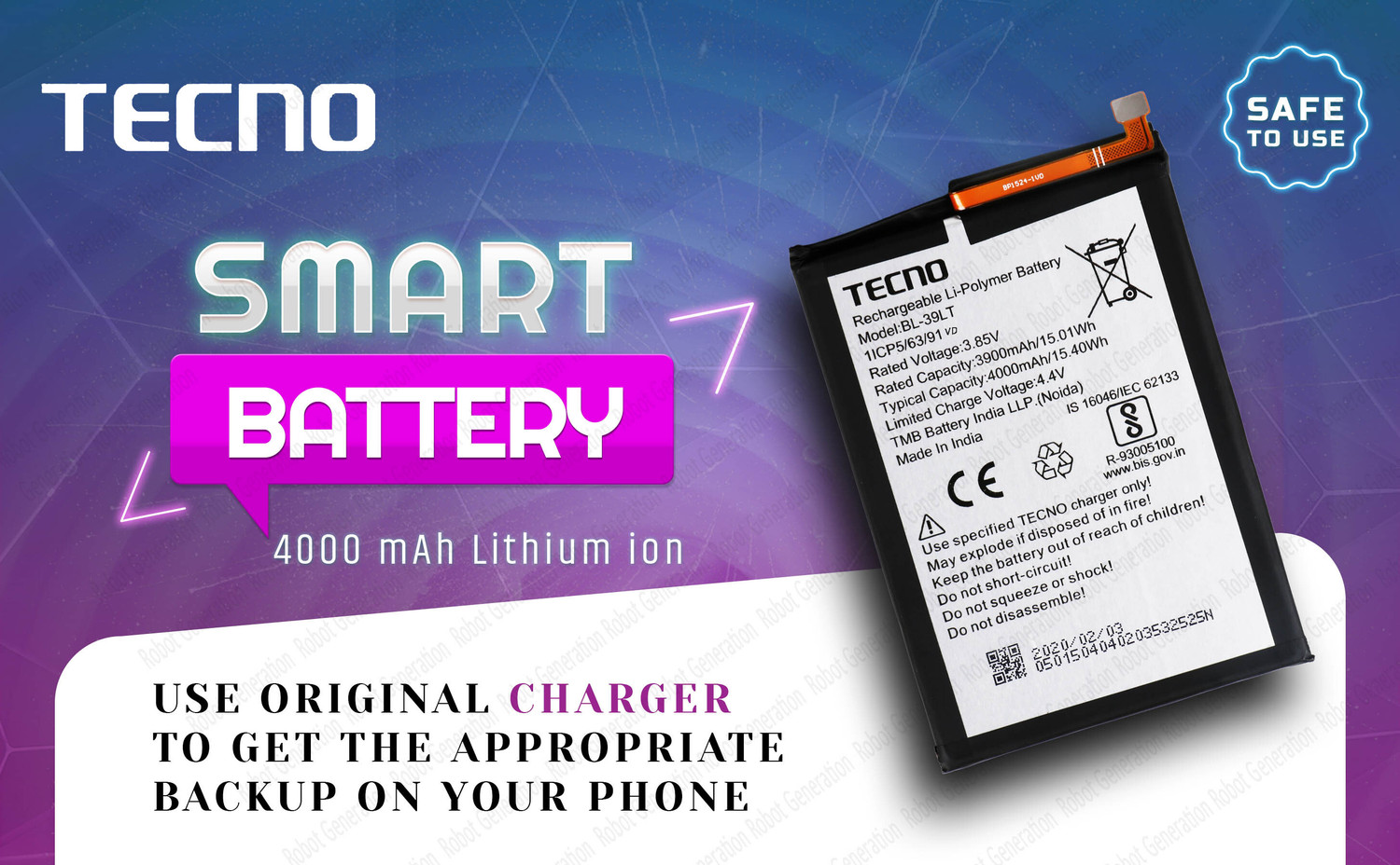 Image of Tecno Mobile Battery For BL 39LT Tecno Spark Go Plus / Spark 4 / Camon 12 Air / Vison 2 & Vision 1 Pro - 4000 mAh