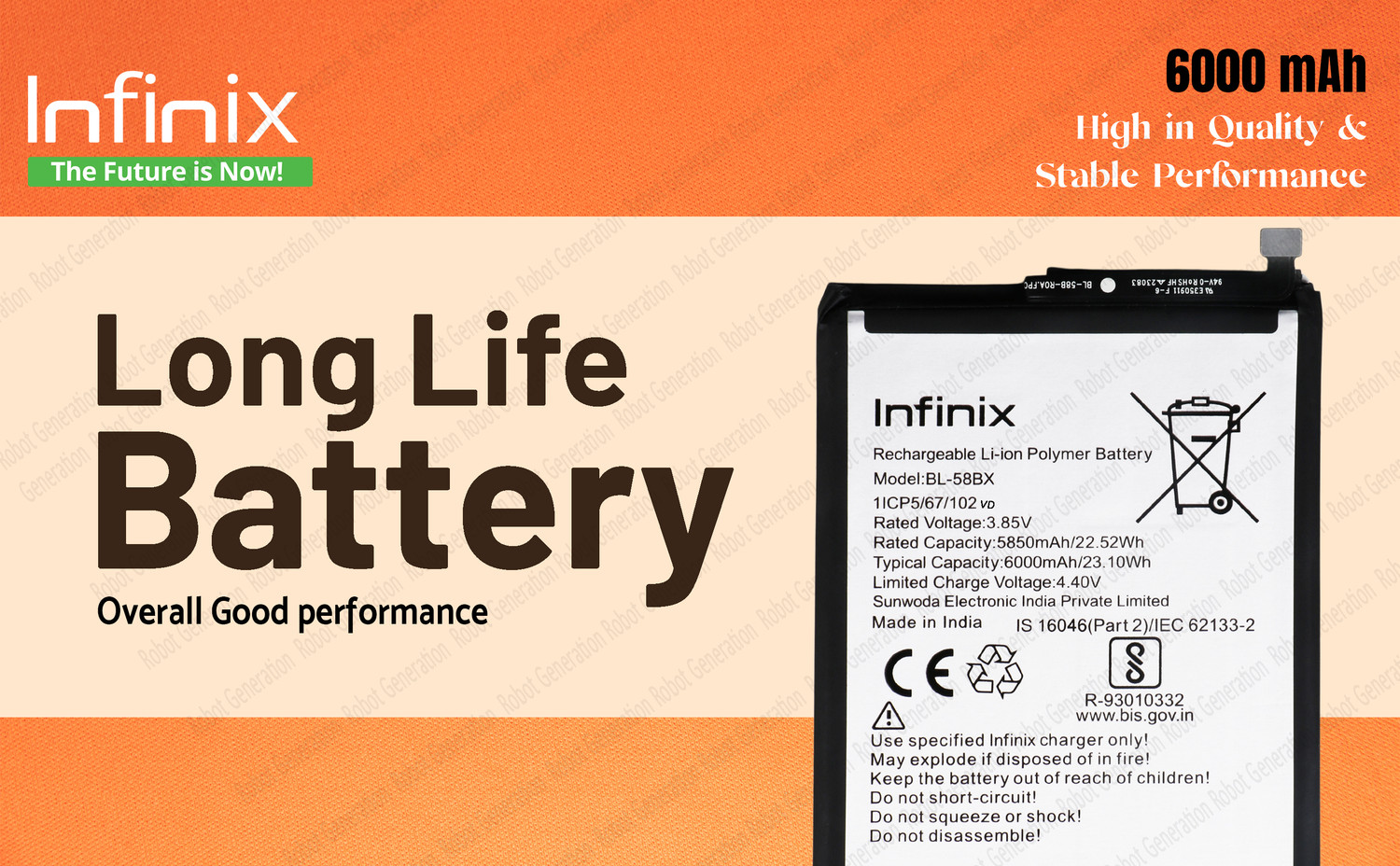 Image of Infinix Mobile Battery For BL 58BX Infinix Hot 10 Play /Smart 4 Plus /Smart 5 /Hot 10S /Hot 12 Play / Hot 12 -6000 mAh