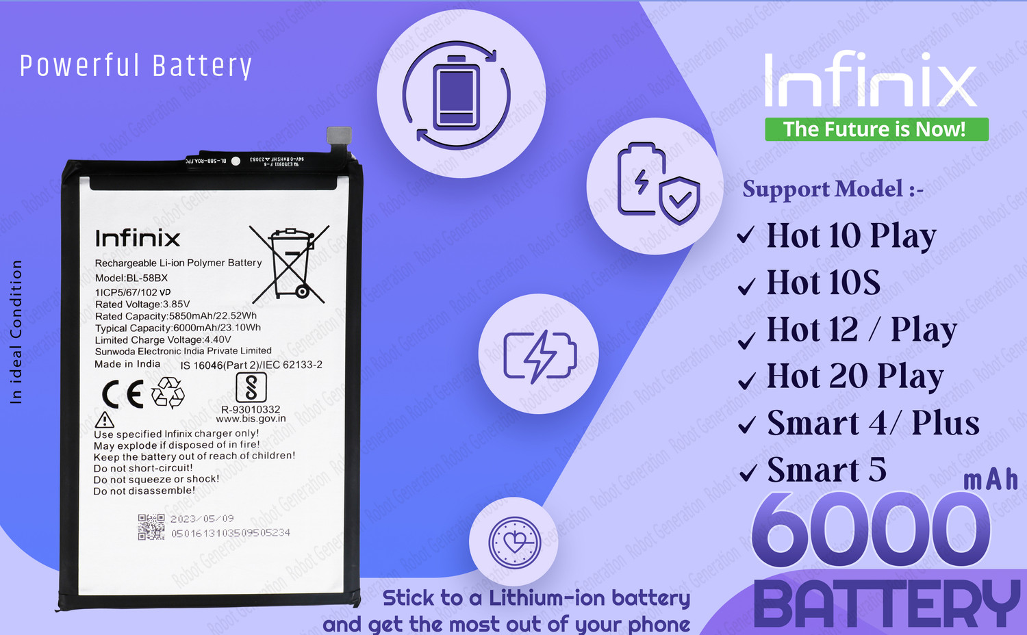 Image of Infinix Mobile Battery For BL 58BX Infinix Hot 10 Play /Smart 4 Plus /Smart 5 /Hot 10S /Hot 12 Play / Hot 12 -6000 mAh