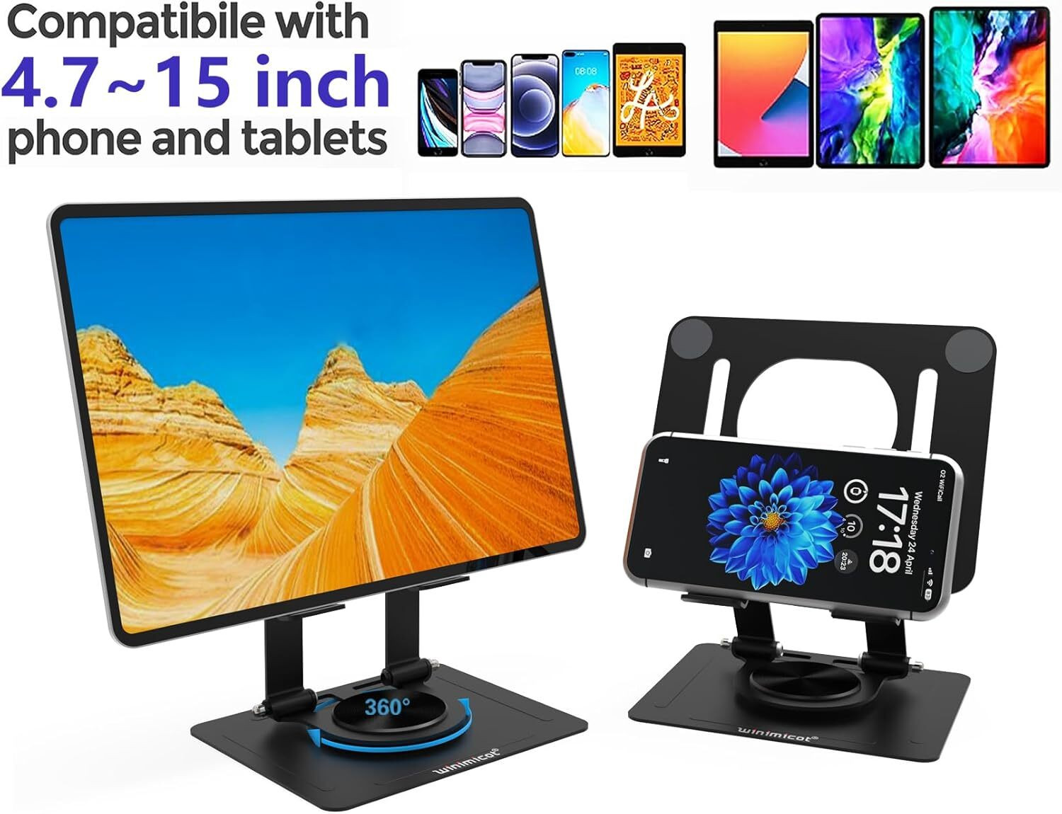 Image of Redclip Tablet Stand Holder for Desk, with 360 Rotating Metal Base Mobile Holder