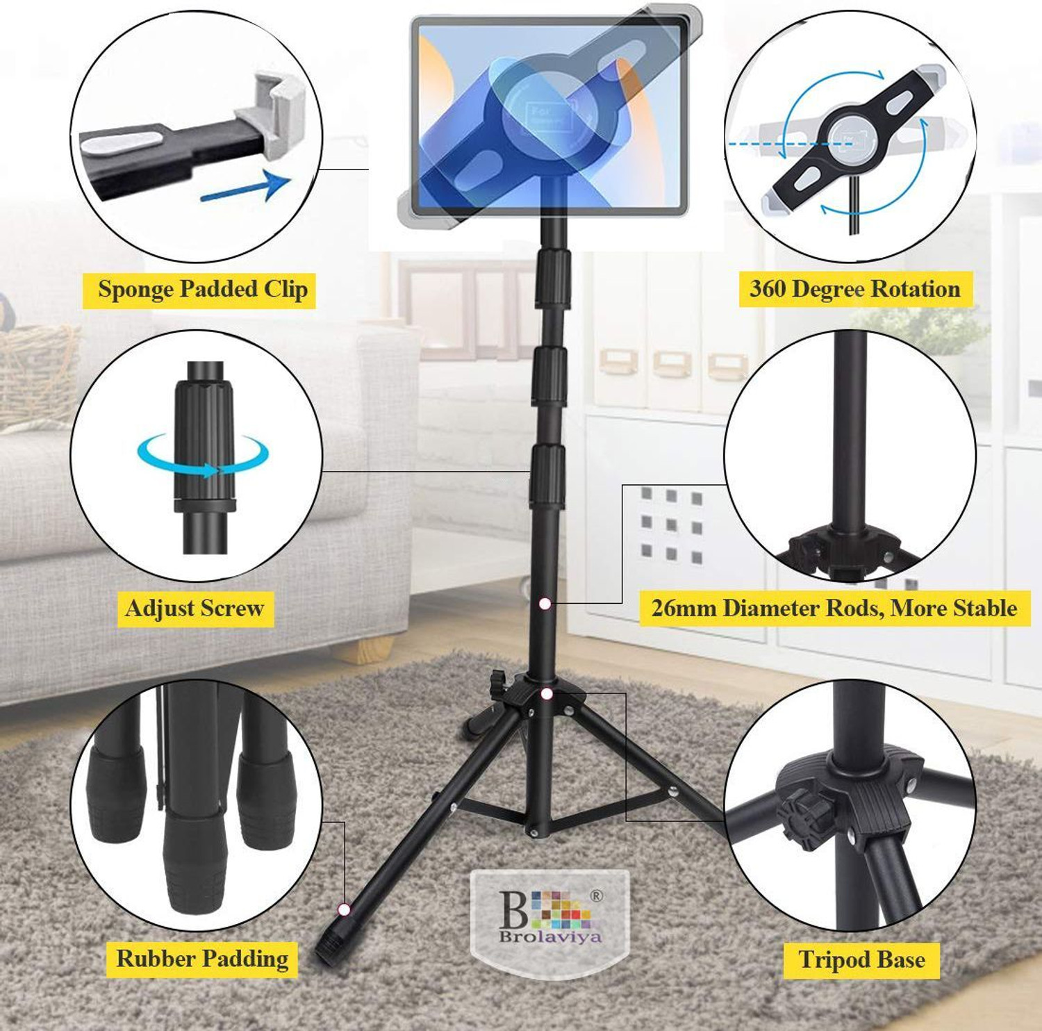 Image of BROLAVIYA Tablet Tripod Floor Stand for Home,Office,Stage for All 9.5~14.5 Diagonal inches Mobile Holder