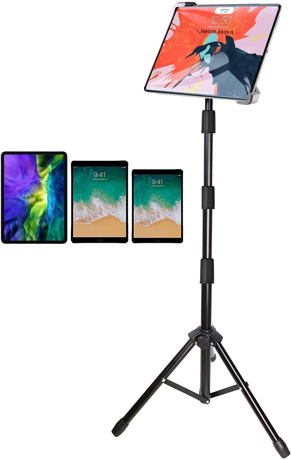 Image of BROLAVIYA Tablet Tripod Floor Stand for Home,Office,Stage for All 9.5~14.5 Diagonal inches Mobile Holder