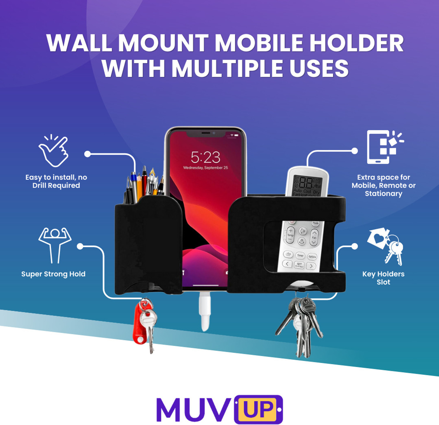Image of Muv up Wall Mount Mobile /Remote Stand with Key Holder- No Drill Required - Black Mobile Holder