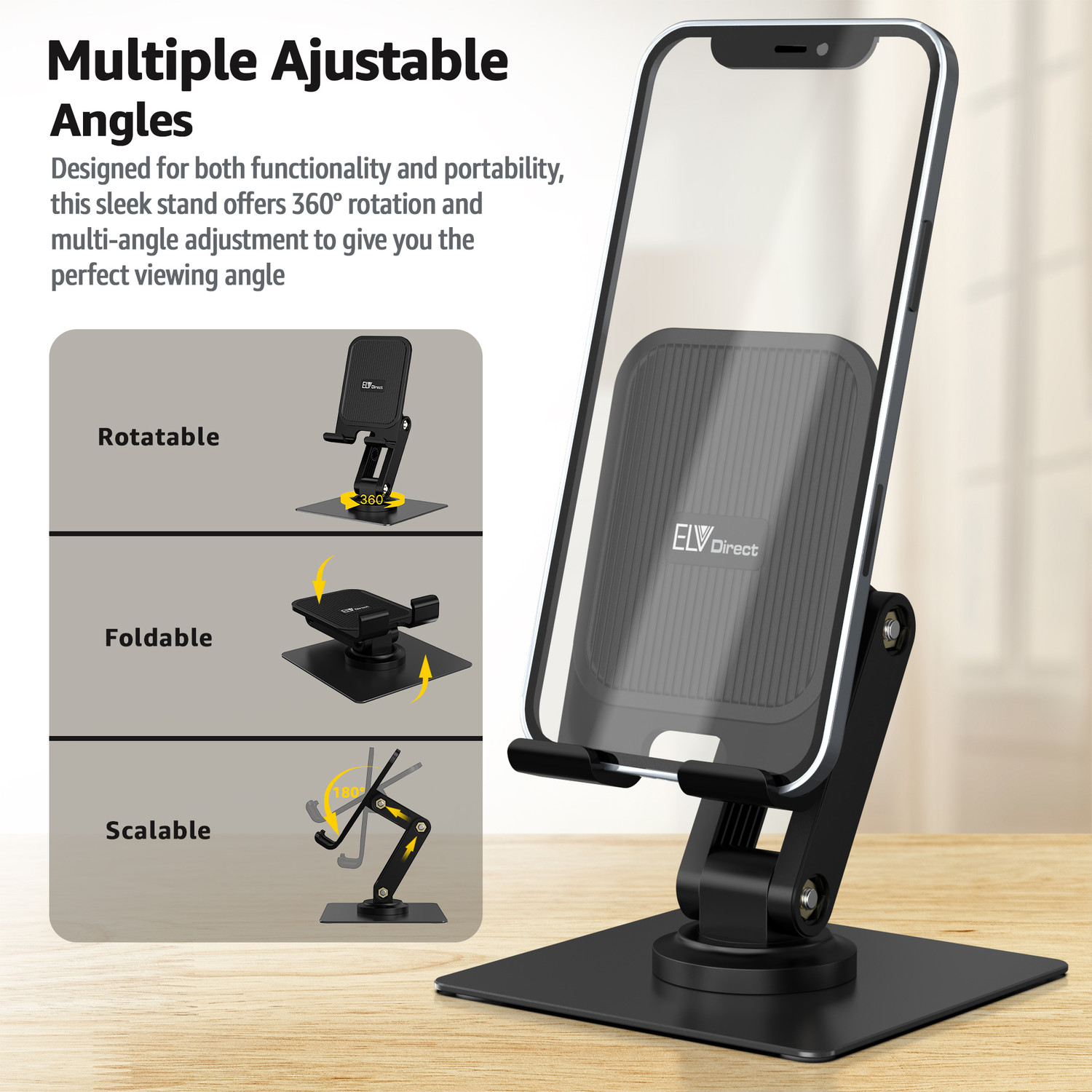 Image of ELV DIRECT Adjustable Phone Stand for Desk 360 Rotating Foldable Cell Phone Mobile Holder Mobile Holder