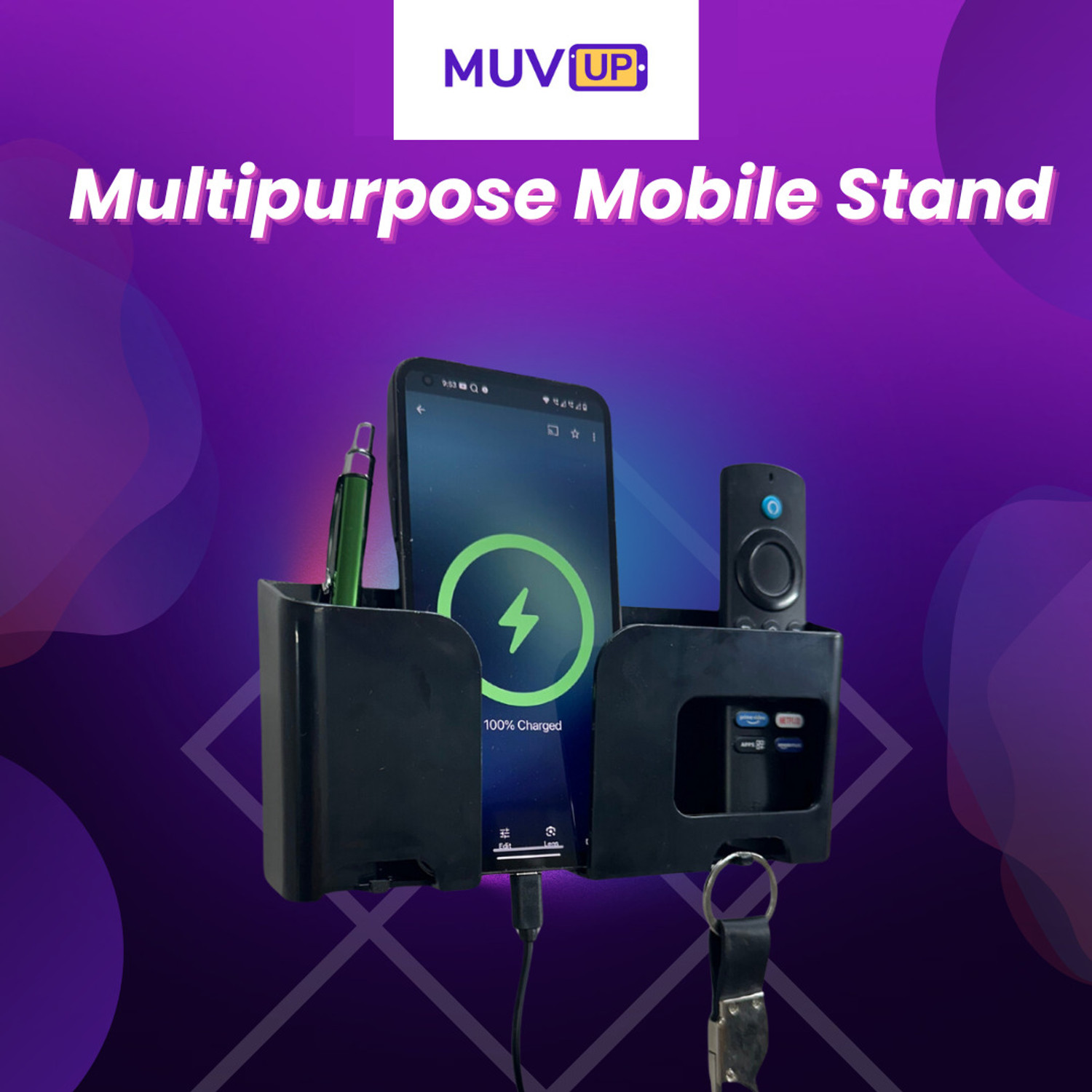 Image of Muv up Wall Mount Mobile /Remote Stand with Key Holder- No Drill Required - Black Mobile Holder