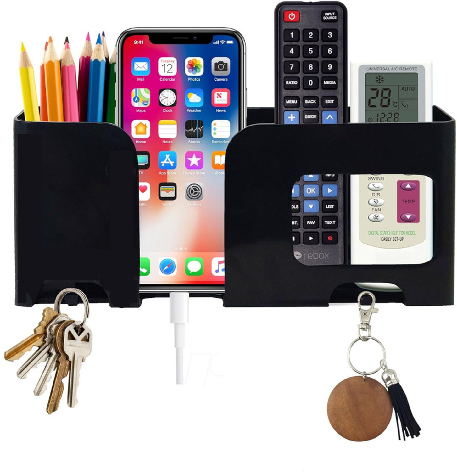 Image of Muv up Wall Mount Mobile /Remote Stand with Key Holder- No Drill Required - Black Mobile Holder
