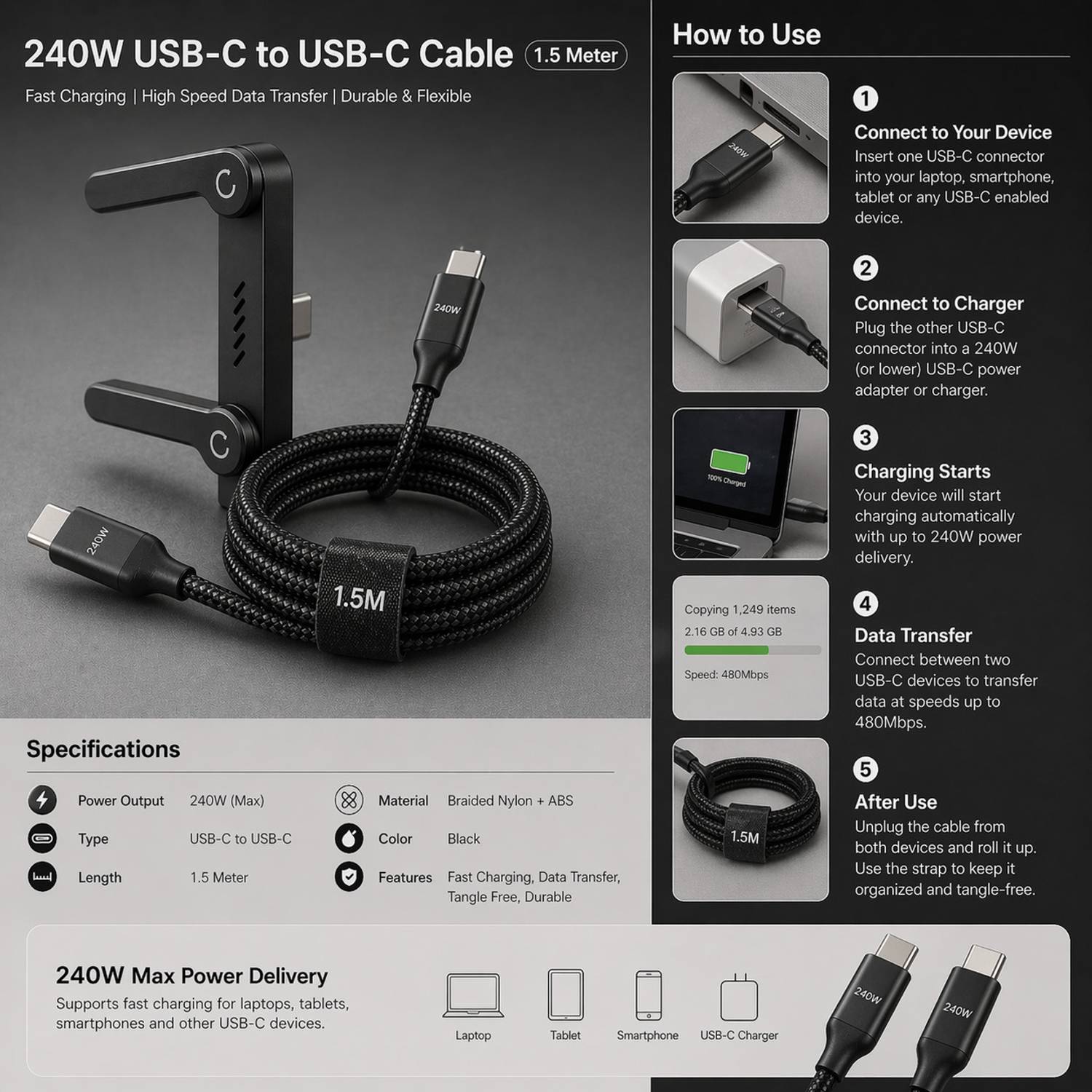 CLAT Type C 6A 1.5m 240W Fast Charging Cable - Image 2