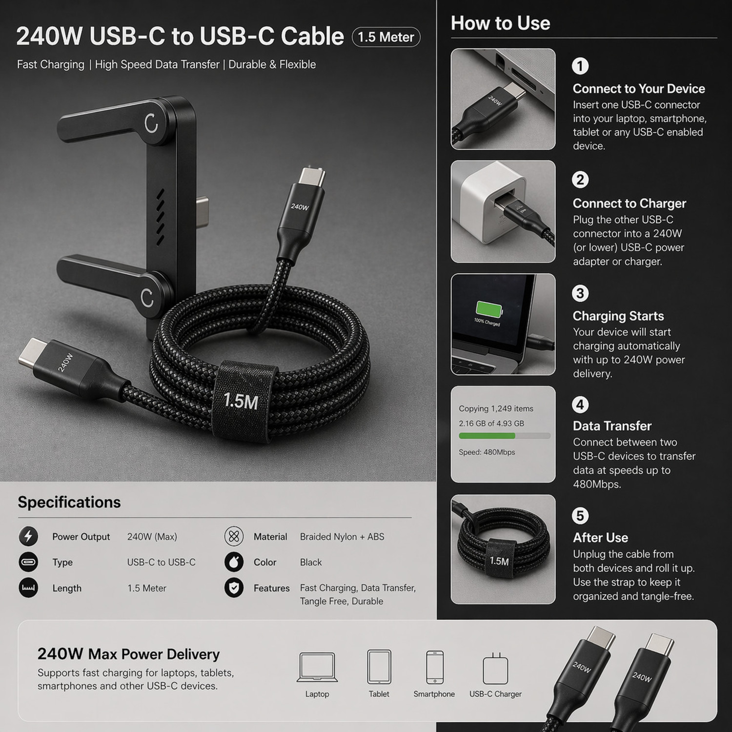Image of CLAT Type C 6 A 1.5 m 240W C to C Fast Charging Cable 6A PD with Mobile Stand Durable Use