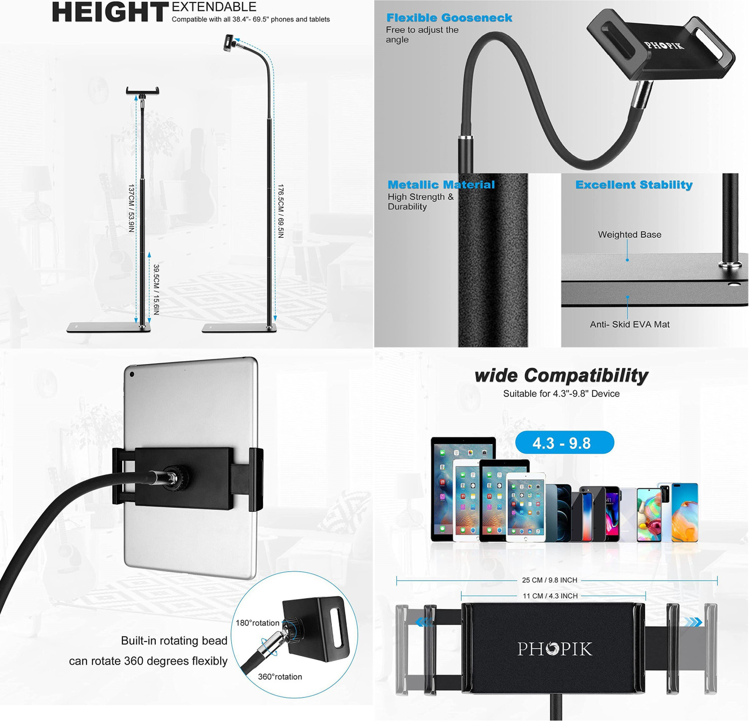 Image of Soopii Tablet Floor, Floor Stand, Adjustable & Strong Stable Base Stand Mobile Holder