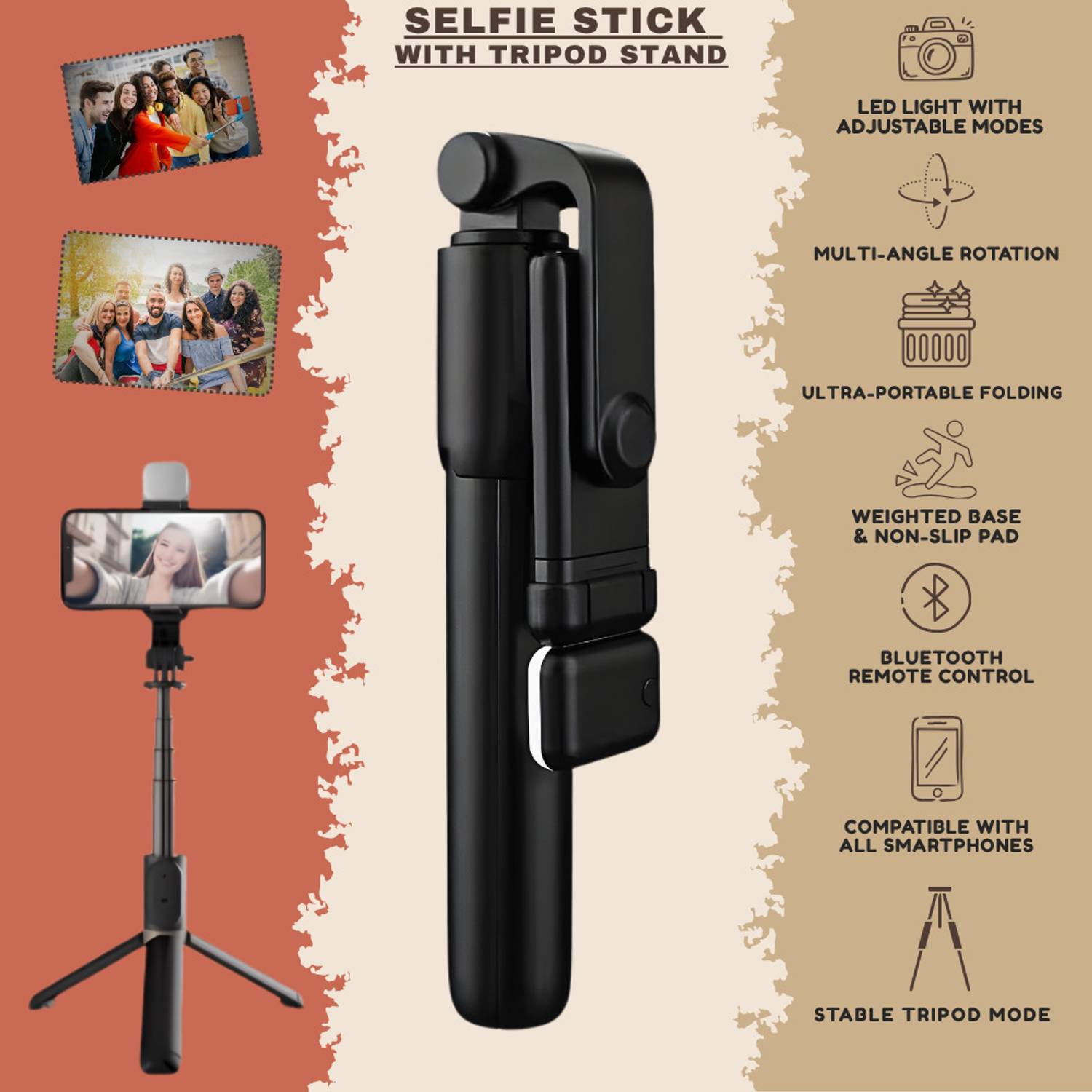 Autozap Foldable Selfie Stick Tripod with Bluetooth Remote & LED Light - Image 1