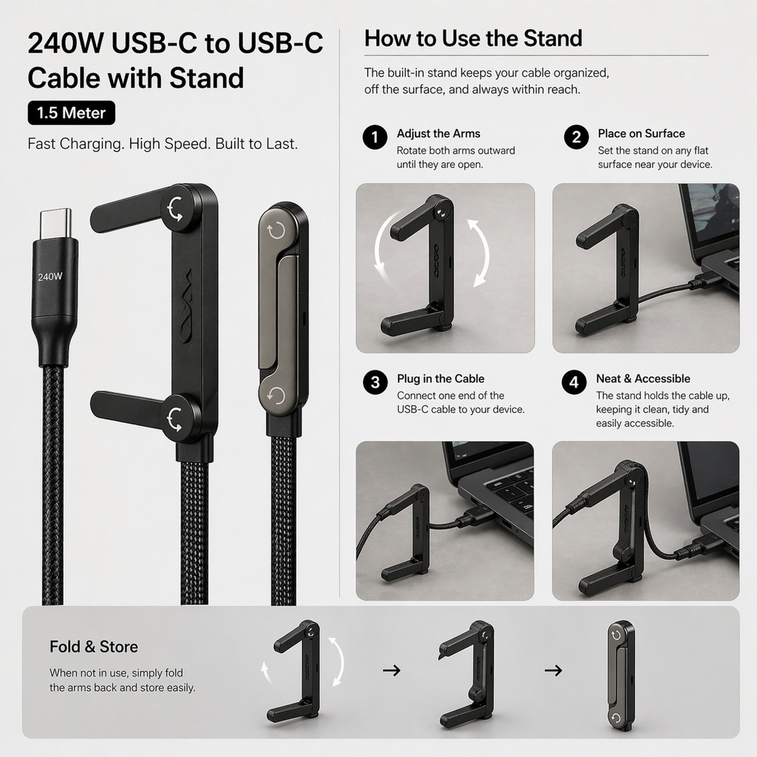 Image of CLAT Type C 6 A 1.5 m 240W C to C Fast Charging Cable 6A PD with Mobile Stand Durable Use