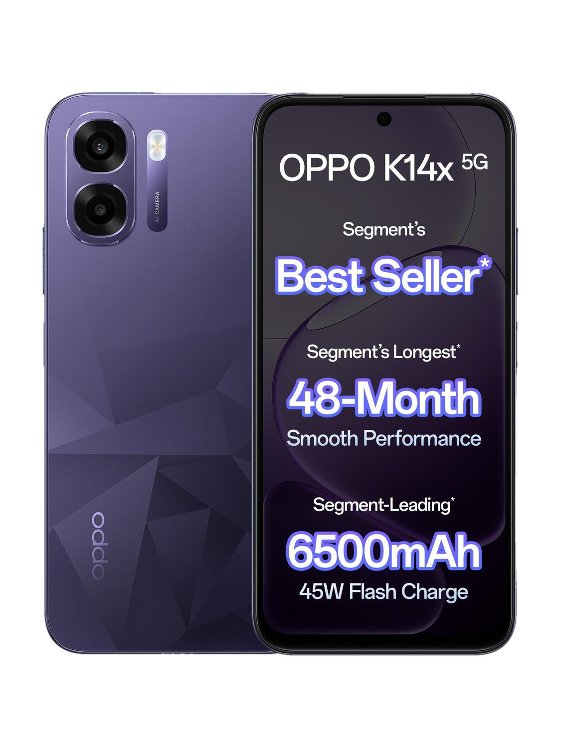 Image of OPPO K14x 5G 6500mAh and 45W SUPERVOOC Charger & AI (Prism Violet, 128 GB) (6 GB RAM)