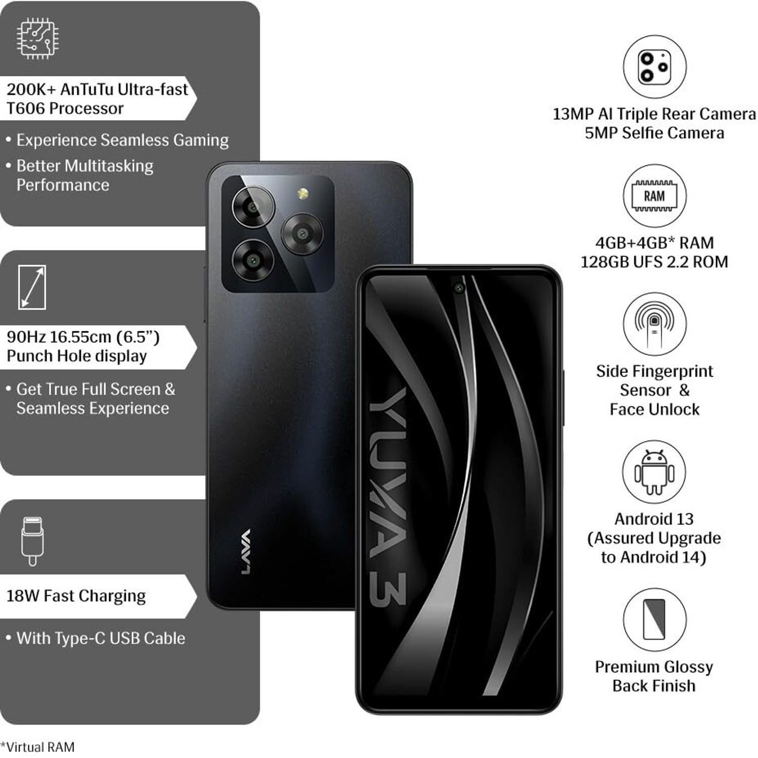 Image of LAVA Yuva 3 with Dual Sim|5000 mAh Battery|13MP Rear Camera |Expandable Upto 512 GB (Eclipse Black, 128 GB)