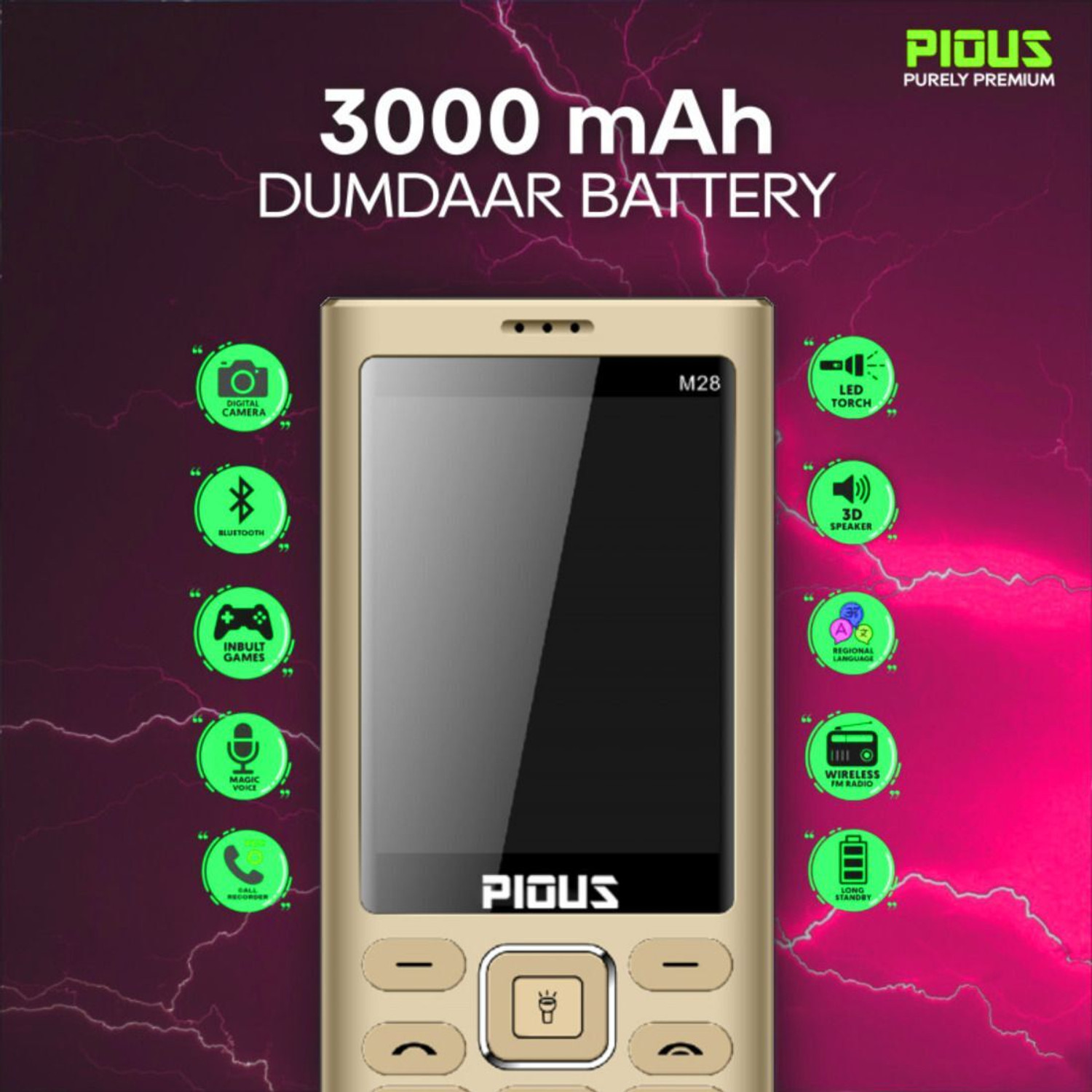 Image of Pious M28 Dual Sim 2.8 inch Display, Wireless FM Radio,3000 mAh Battery, Made in India