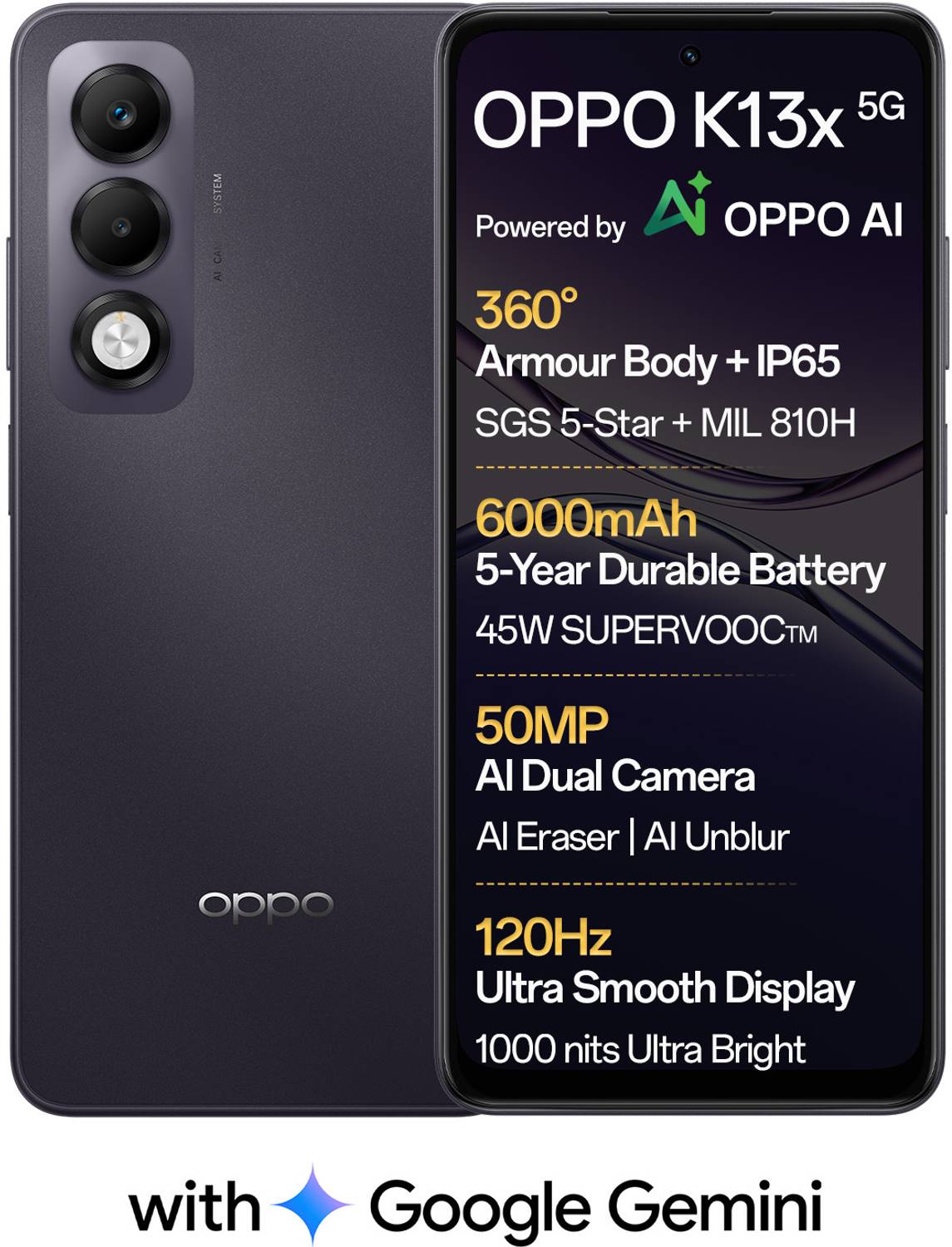 OPPO K13x 5G 6000mAh and 45W SUPERVOOC Charger & AI (Midnight Violet, 128 GB)