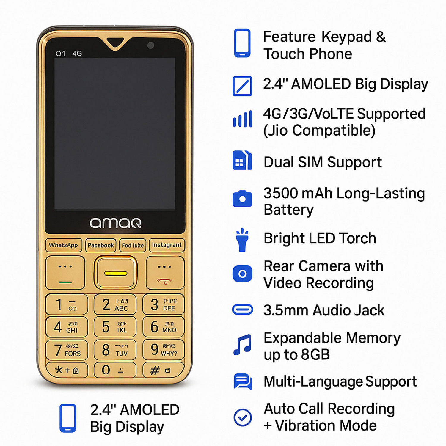 Image of amaq 4G Touch Keypad Mobile 2.8 inch Dual SIM 3500mAh WhatsApp FB Insta 2Yr Warranty (Gold, 512 MB)