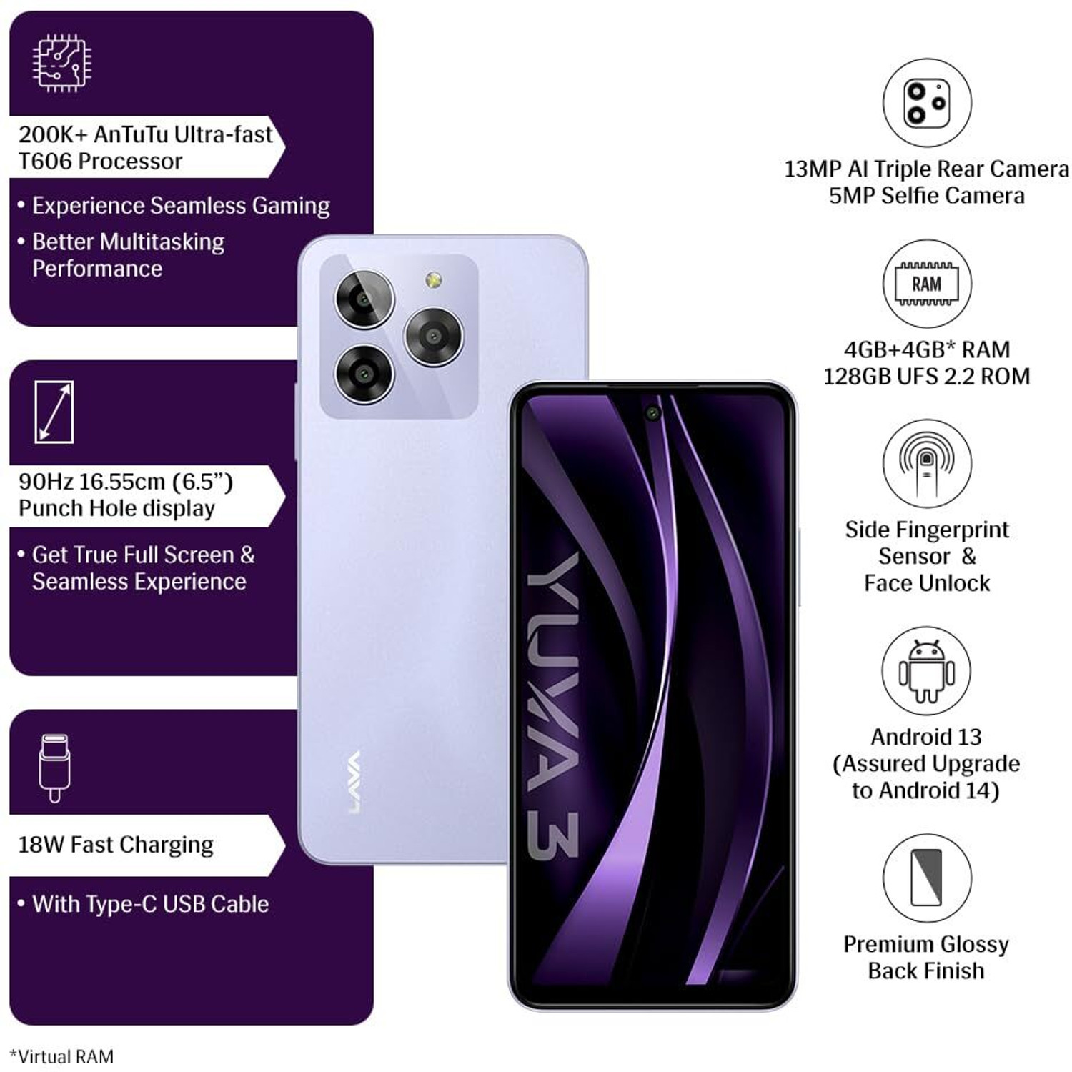 Image of LAVA Yuva 3 with Dual Sim|5000 mAh Battery|13MP Rear Camera |Expandable Upto 512 GB (Cosmic Lavender, 128 GB)