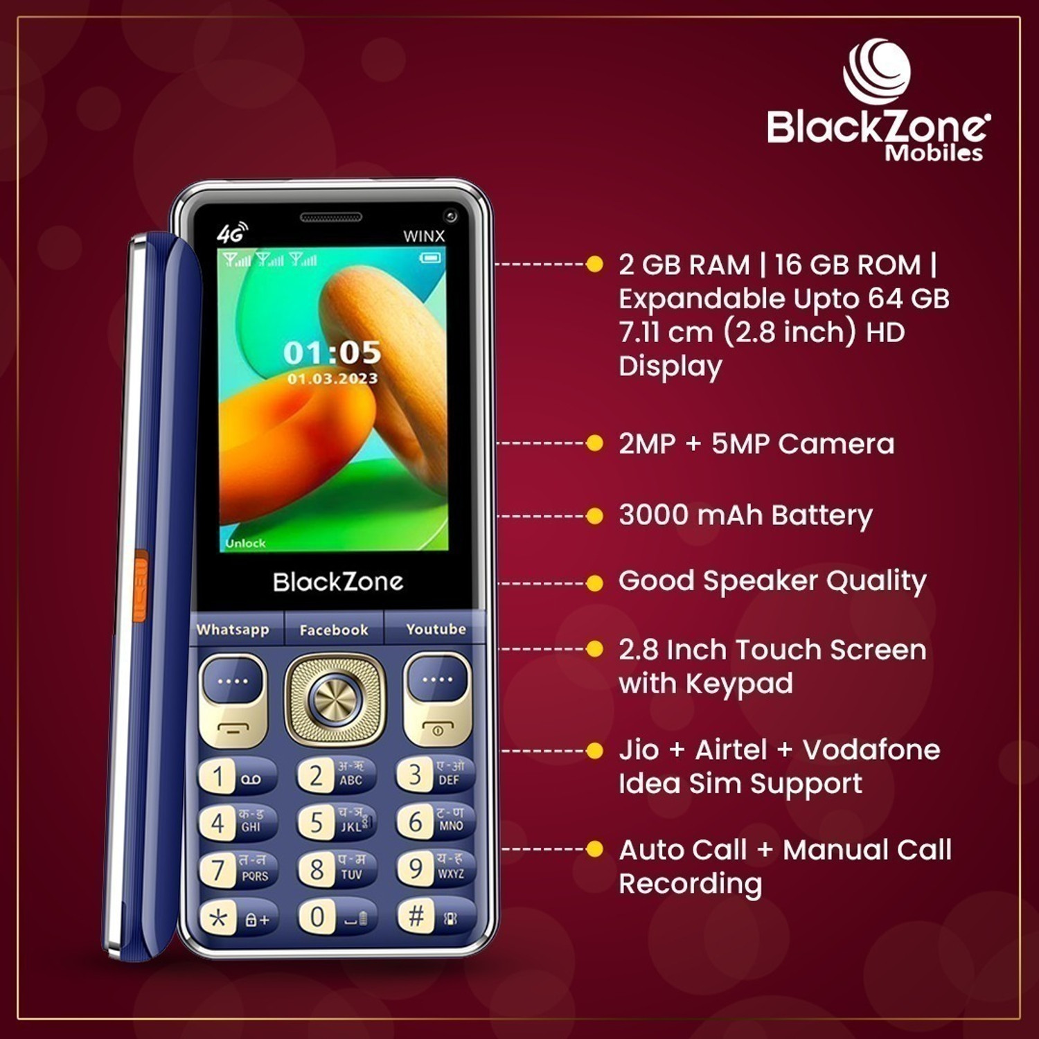 Image of BlackZone WINX 4G Volte with 2.8 Inch keypad ,Touch Screen & Support all Android Features