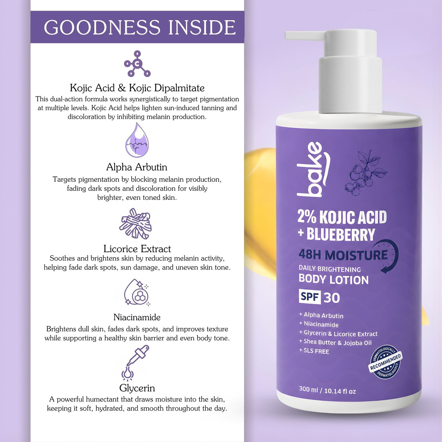 Image of BAKE 2% Kojic Acid Body Lotion SPF 30 For Dark Spots, Pigmentation & Tan Removal