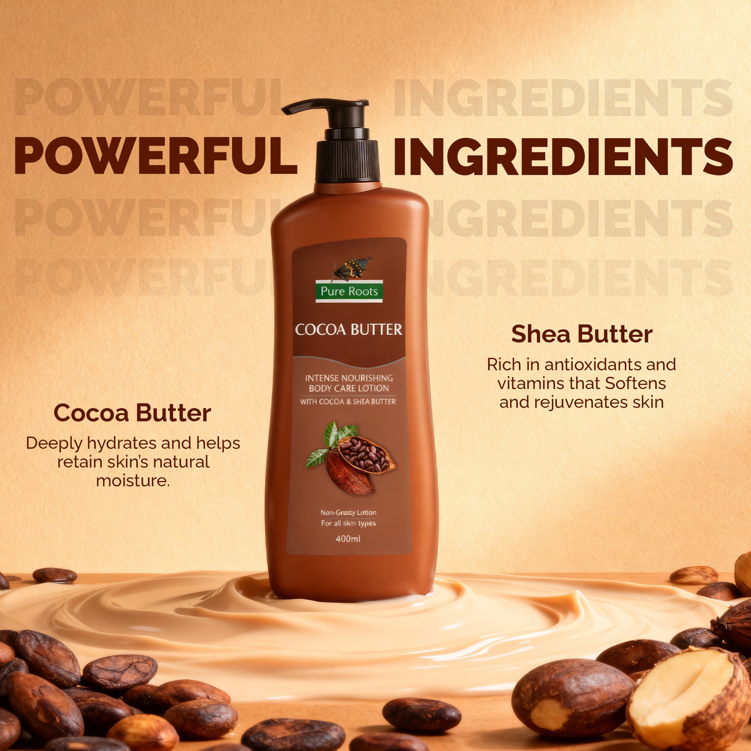 Image of Pure Roots Kesar Malai & Cocoa Butter Body Lotion Combo 400ml Each Pack of 2 - Total (800 ml)