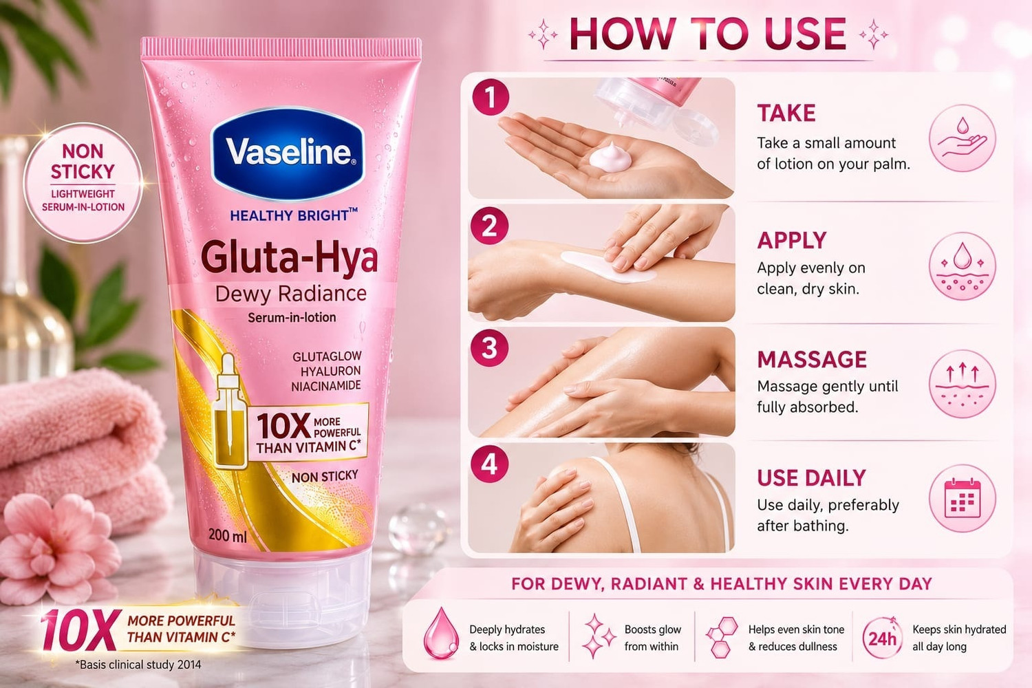 Image of Vaseline Healthy Bright Gluta -Hya Dewy Radiance Serum in lotion 200 ml (200 ml)