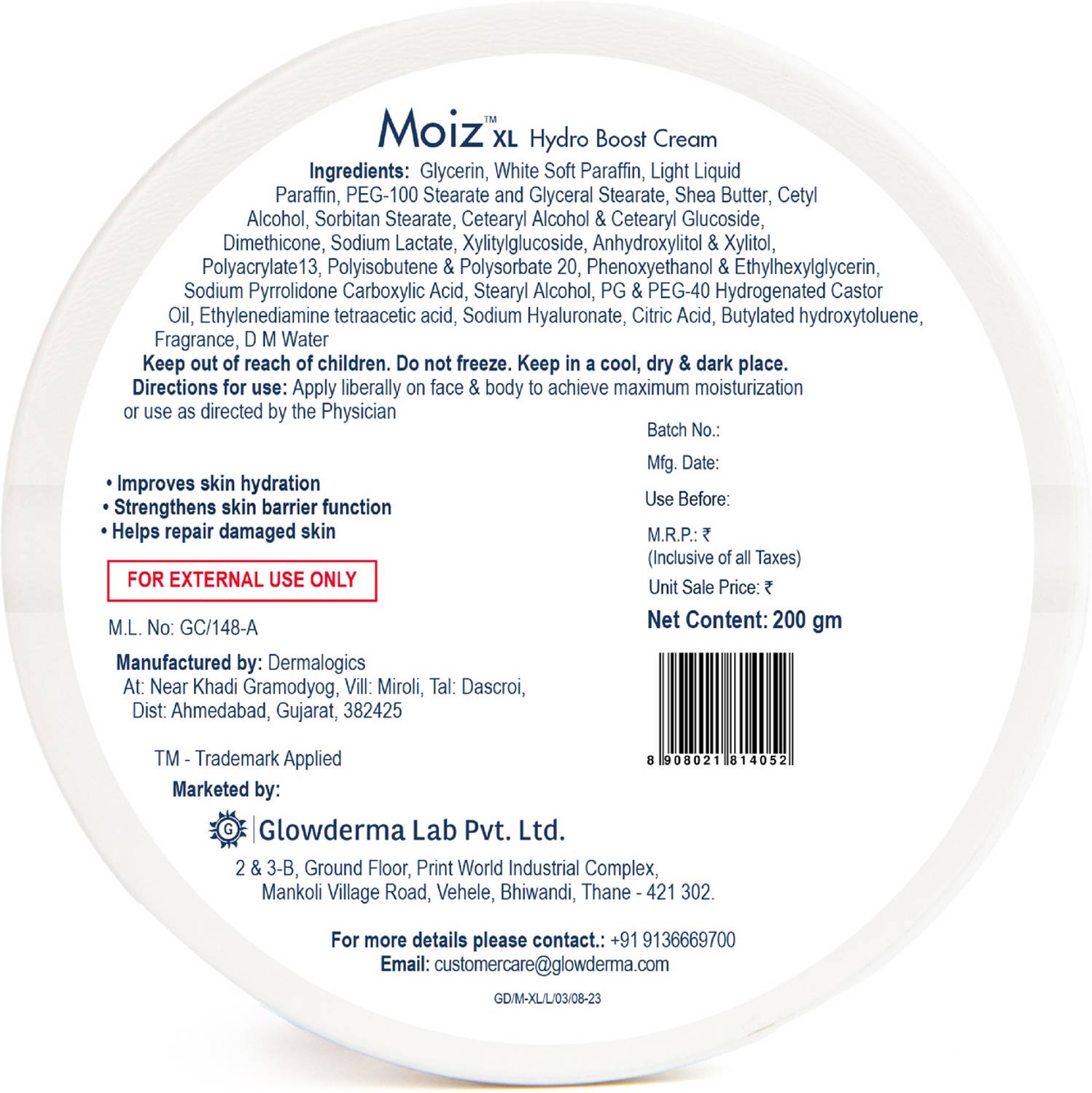 Moiz XL Hydro Boost Cream | For Dry and Sensitive Skin | (200 g