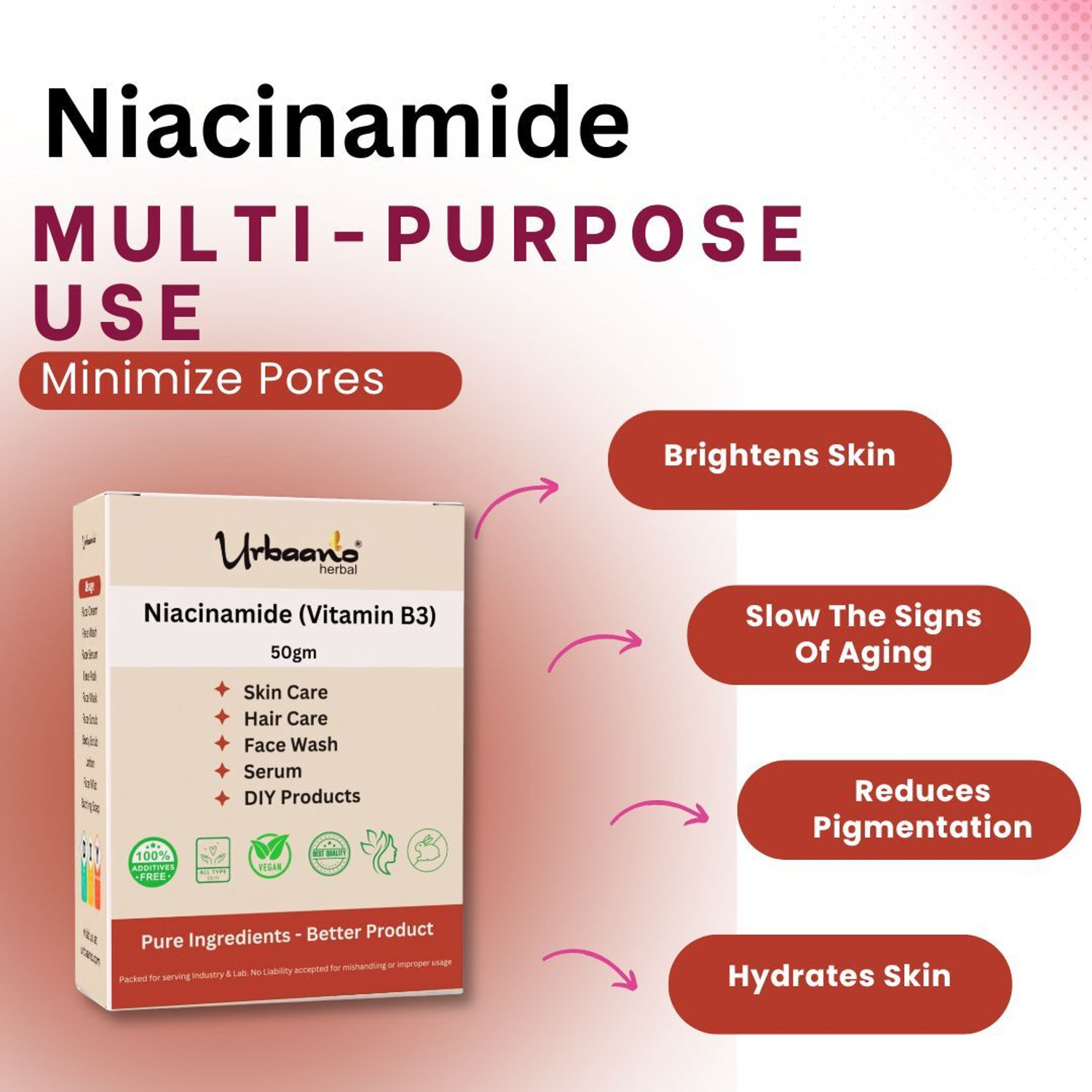 Image of Urbaano Herbal Niacinamide Powder (Vitamin B3)100gm For Making DIY Cream, Serum & Skin Care.