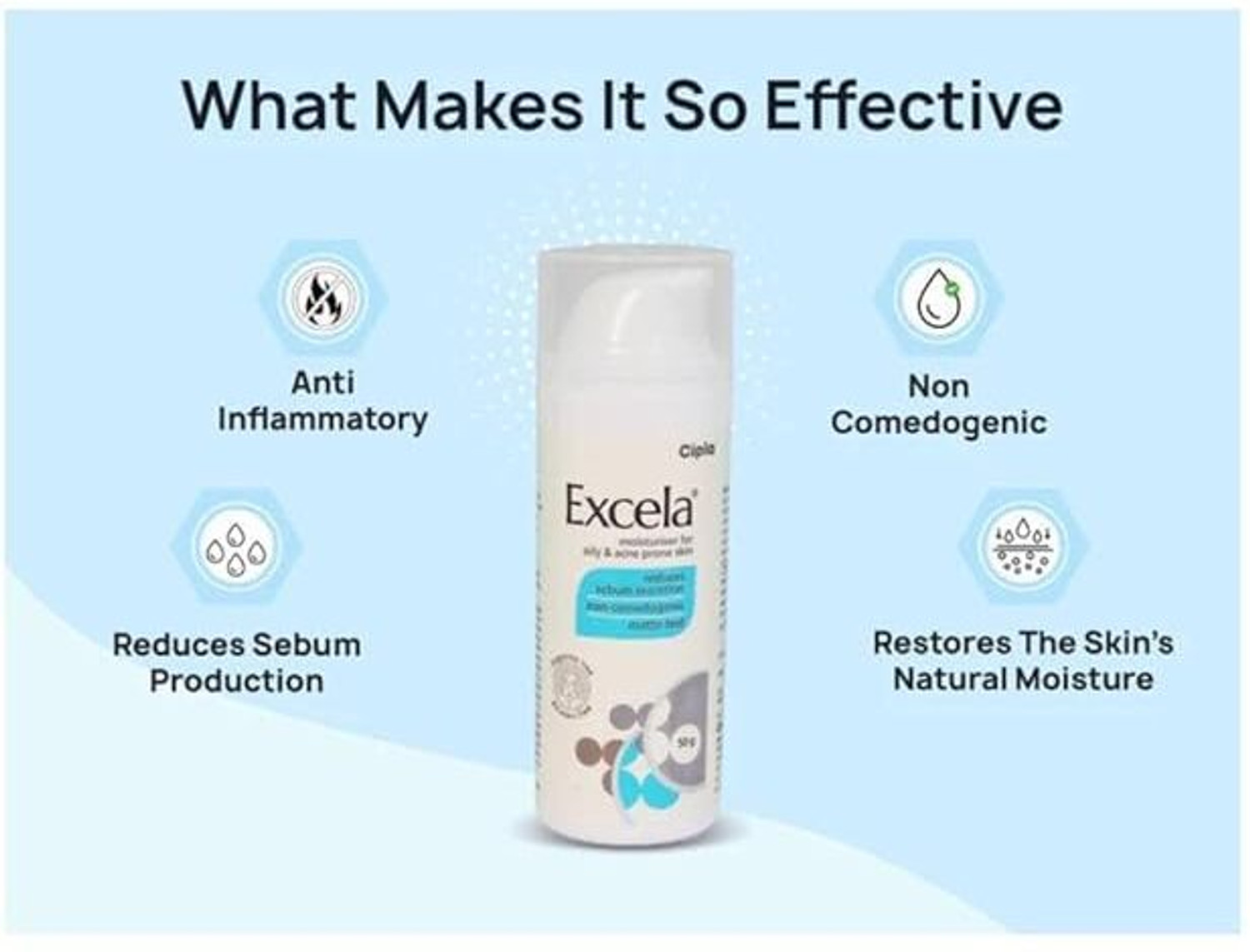 Image of Excela Moisturiser for Oily & Acne Prone Skin, Reduces Sebum Secretion