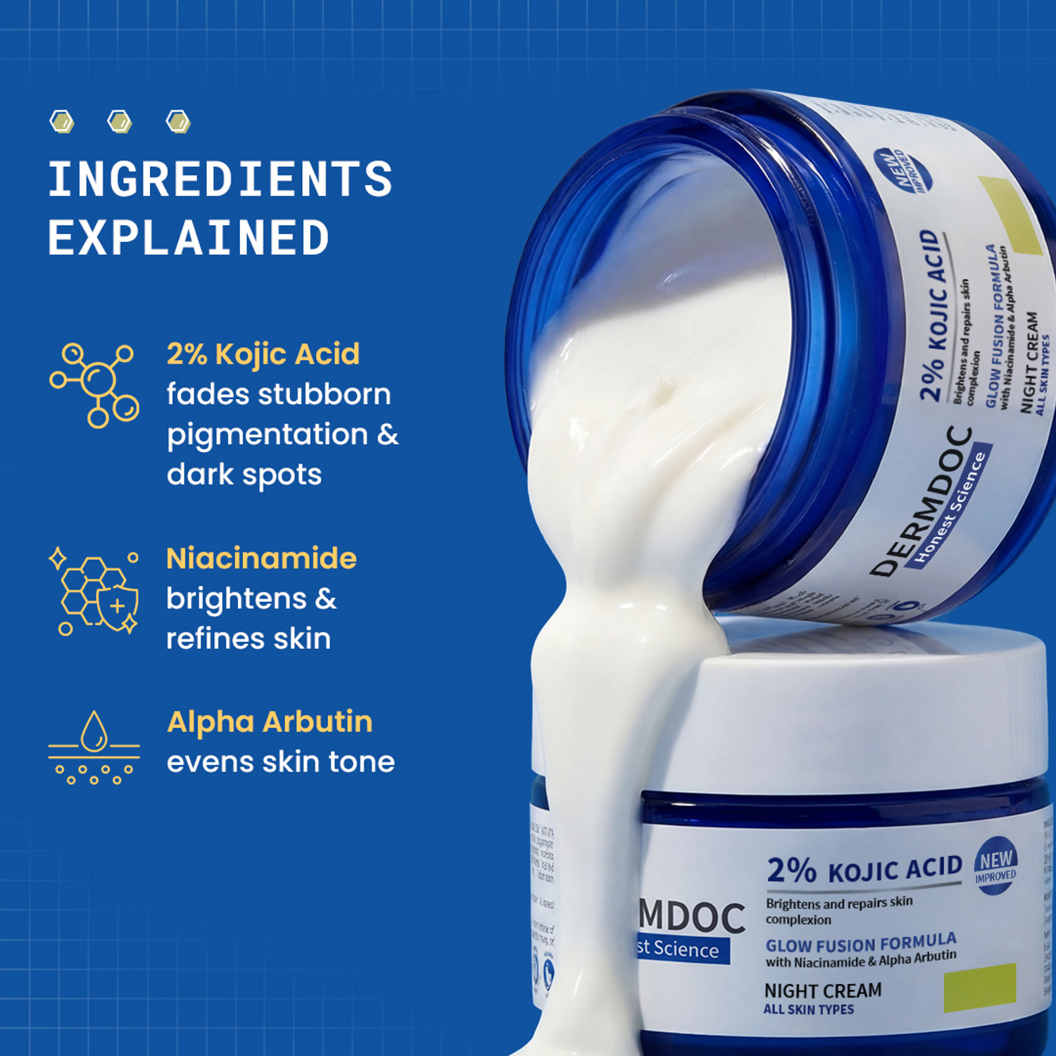 Image of DermDoc 2% Kojic Acid Night Cream with Niacinamide & Alpha Arbutin | Skin Brightening
