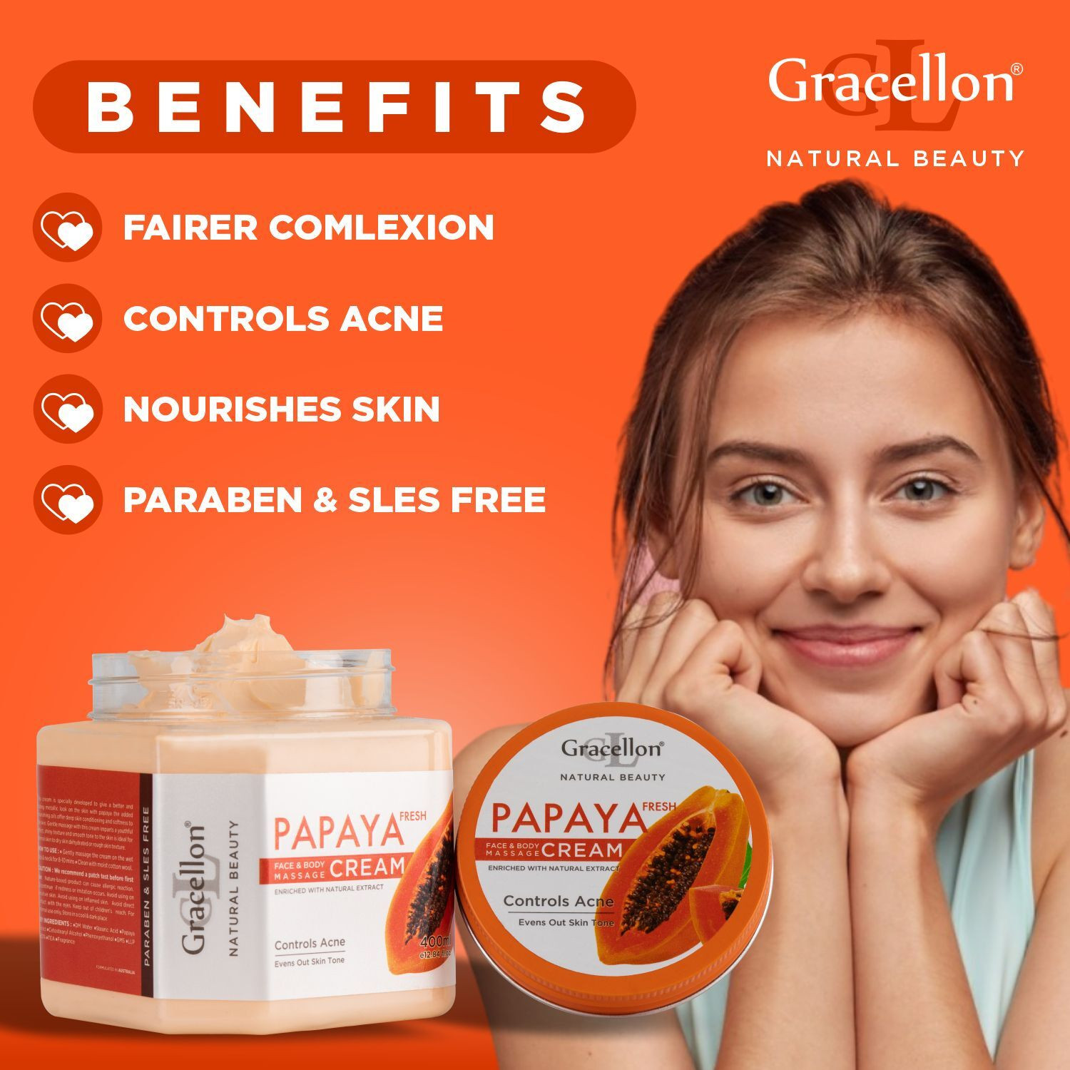 Image of Gracellon Papaya Fresh Face & Body Massage Cream |Controls Acne | Fairer Comlexion