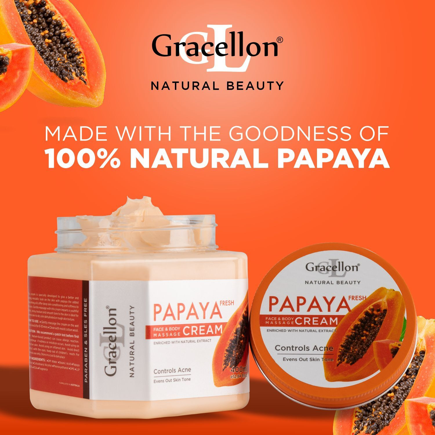 Image of Gracellon Papaya Fresh Face & Body Massage Cream |Controls Acne | Fairer Comlexion