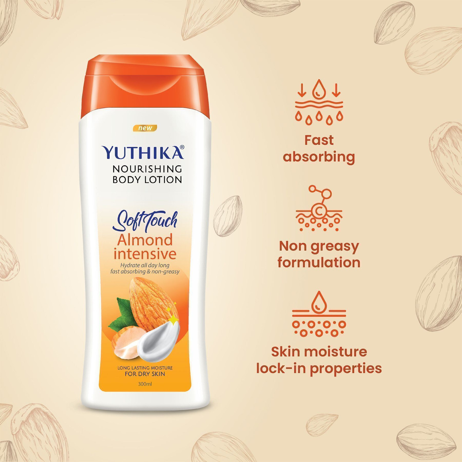 Image of Yuthika Almond Soft Touch Body Lotion for Women & Men, Hydrating, Non-Greasy