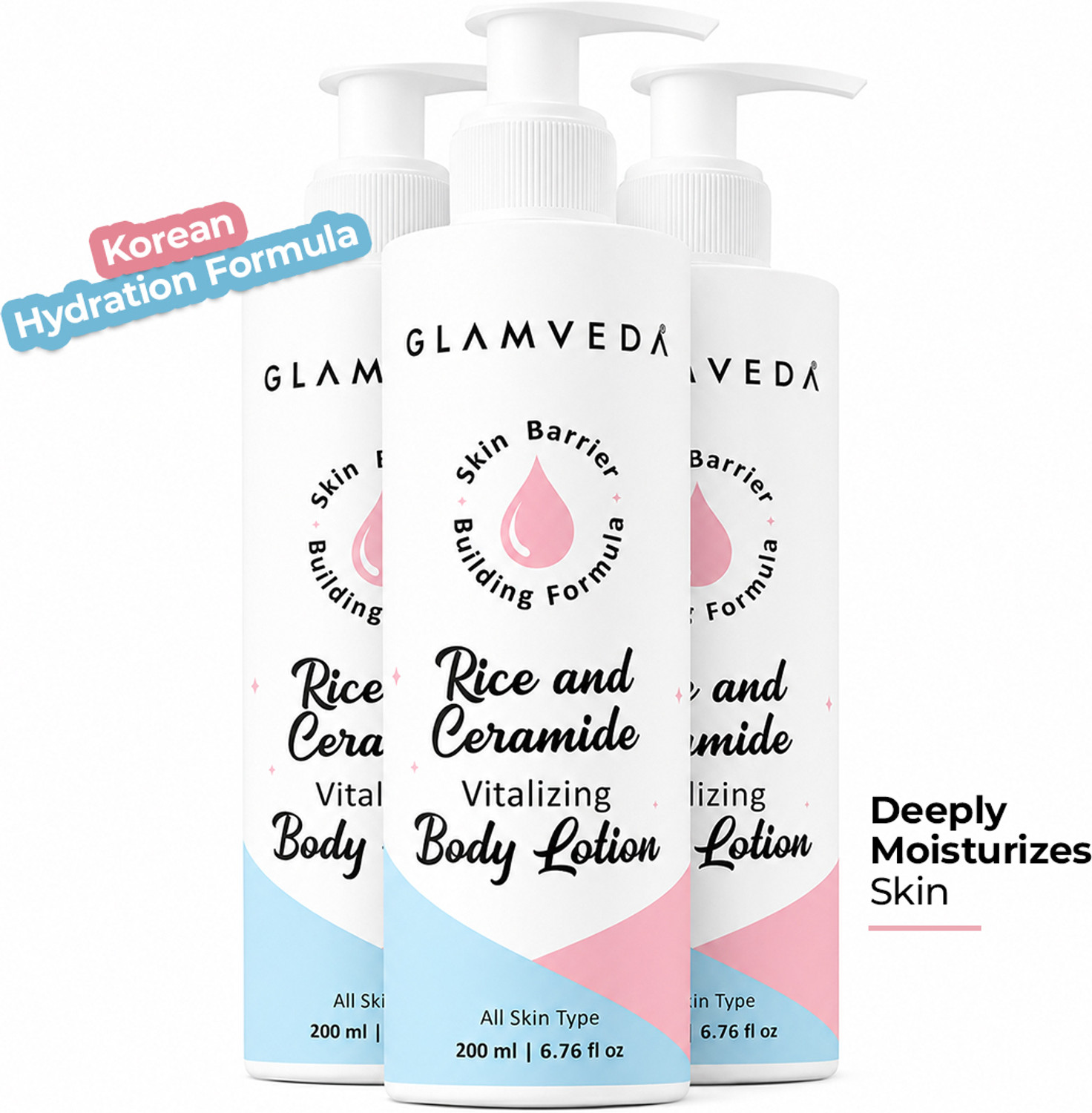 Image of GLAMVEDA Rice & Ceramide Glass Skin Body Lotion| Moisturizer|24H Moisture Lock |Pack of 3