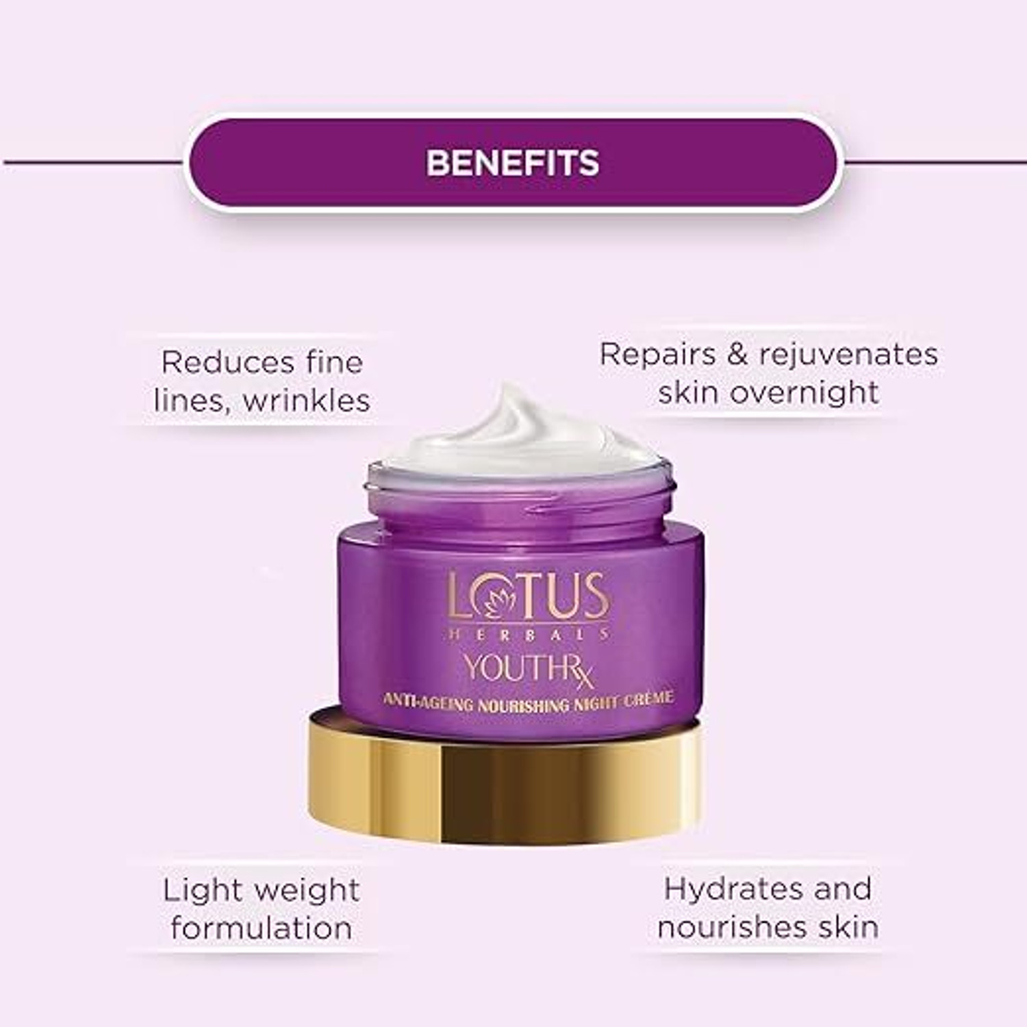 Image of LOTUS HERBALS YouthRx Anti Ageing Nourishing Night Cream | For Fine Lines & Wrinkles | 50g
