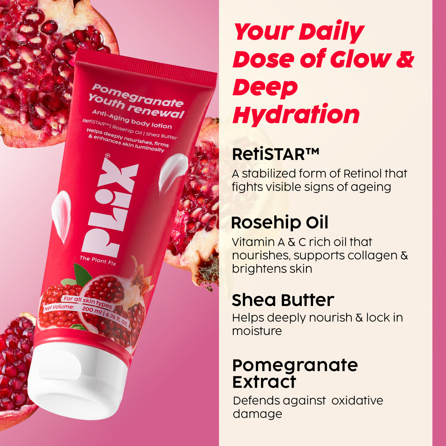 Image of The Plant Fix Plix Pomegranate Youth Renewal Lotion, Reduces fine lines & wrinkles,Lightweight care