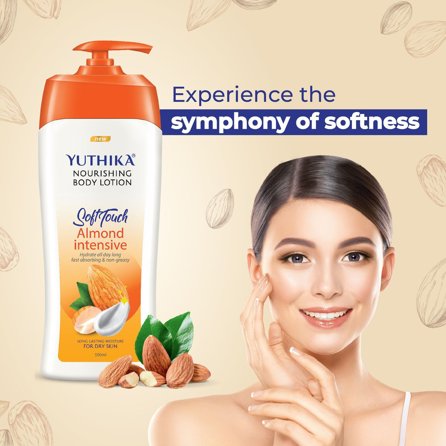 Image of Yuthika Almond Soft Touch Body Lotion For Women & Men, Hydrating, Non-Greasy