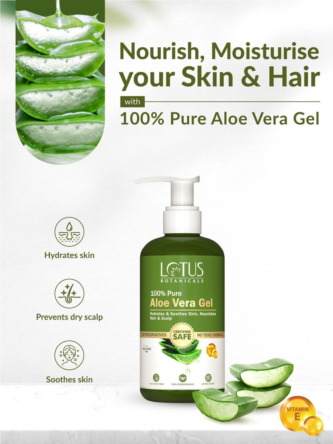 Image of Lotus Botanicals 100% Pure Aloe Vera Gel with Vitamin E | Soothing Gel for Skin and Hair
