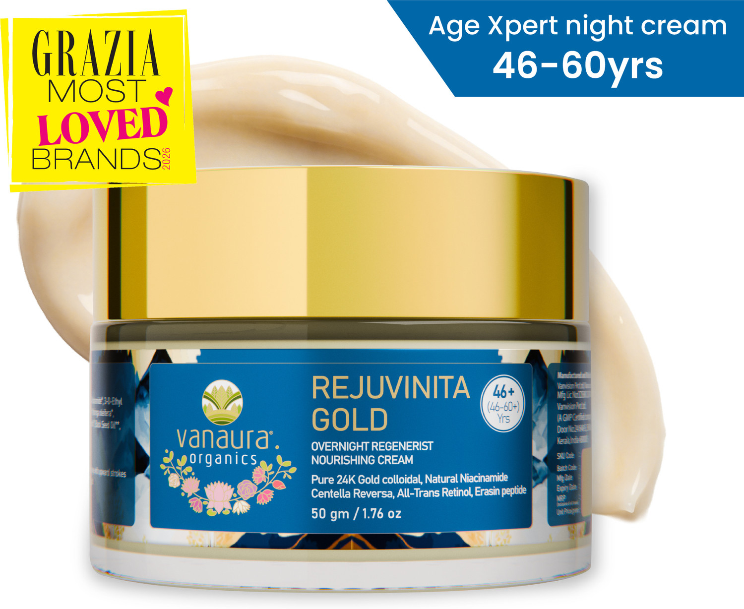Image of vanaura organics Rejuvinita Gold Overnight Regenerist Nourishing Cream 46+(46 to 60+years)