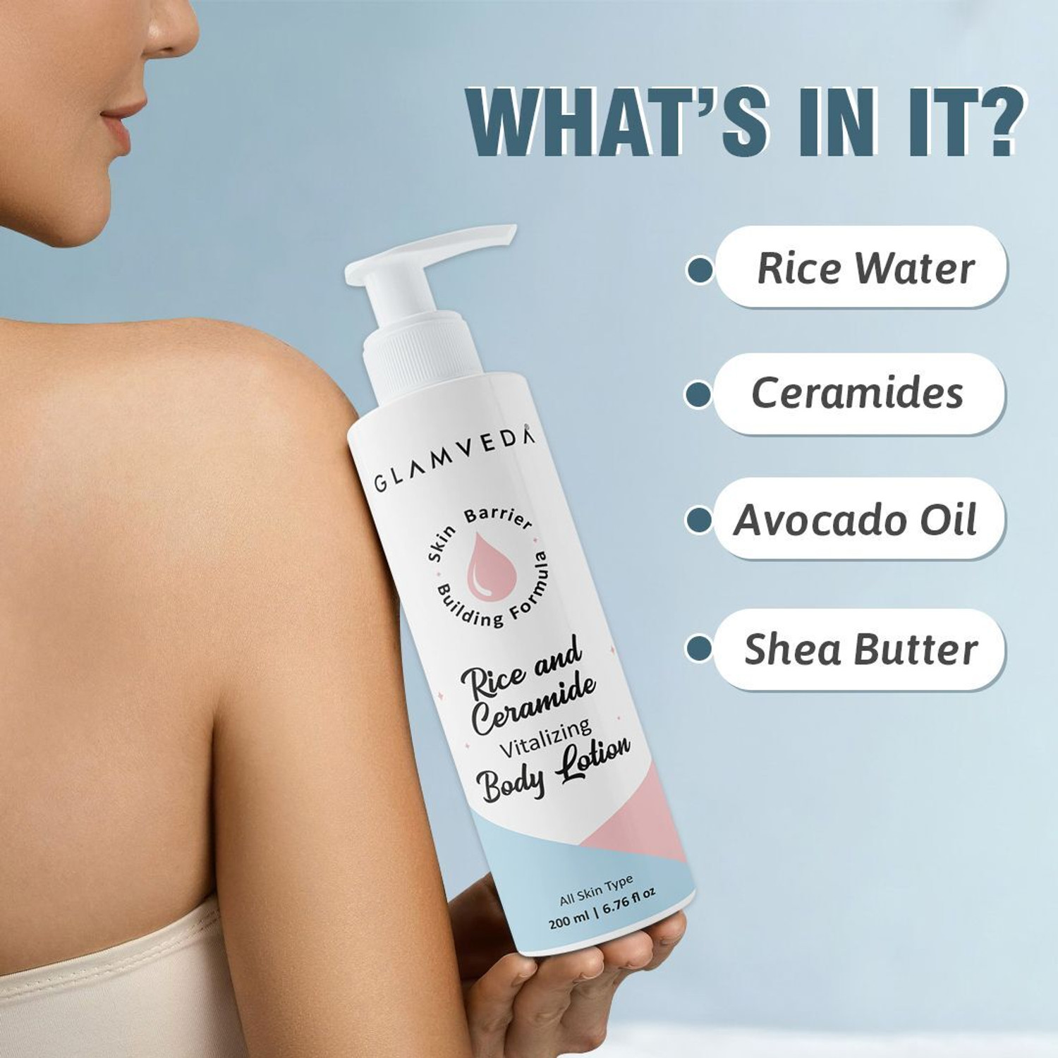 Image of GLAMVEDA Rice & Ceramide Glass Skin Body Lotion| Moisturizer|24H Moisture Lock |Pack of 2