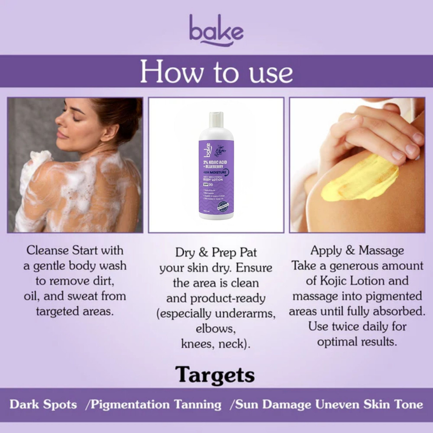 Image of BAKE 2% Kojic Acid + Blueberry Body Lotion SPF 30 For Dark Spots & Uneven Skin Tone