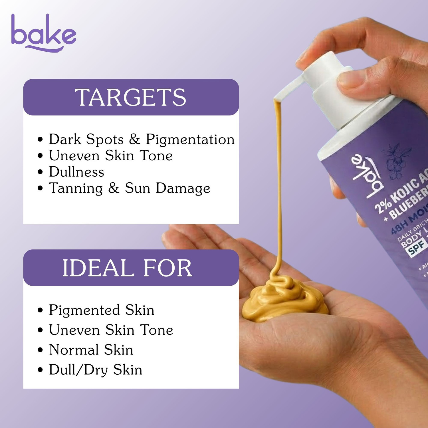Image of BAKE 2% Kojic Acid Body Lotion SPF 30 For Dark Spots, Pigmentation & Tan Removal