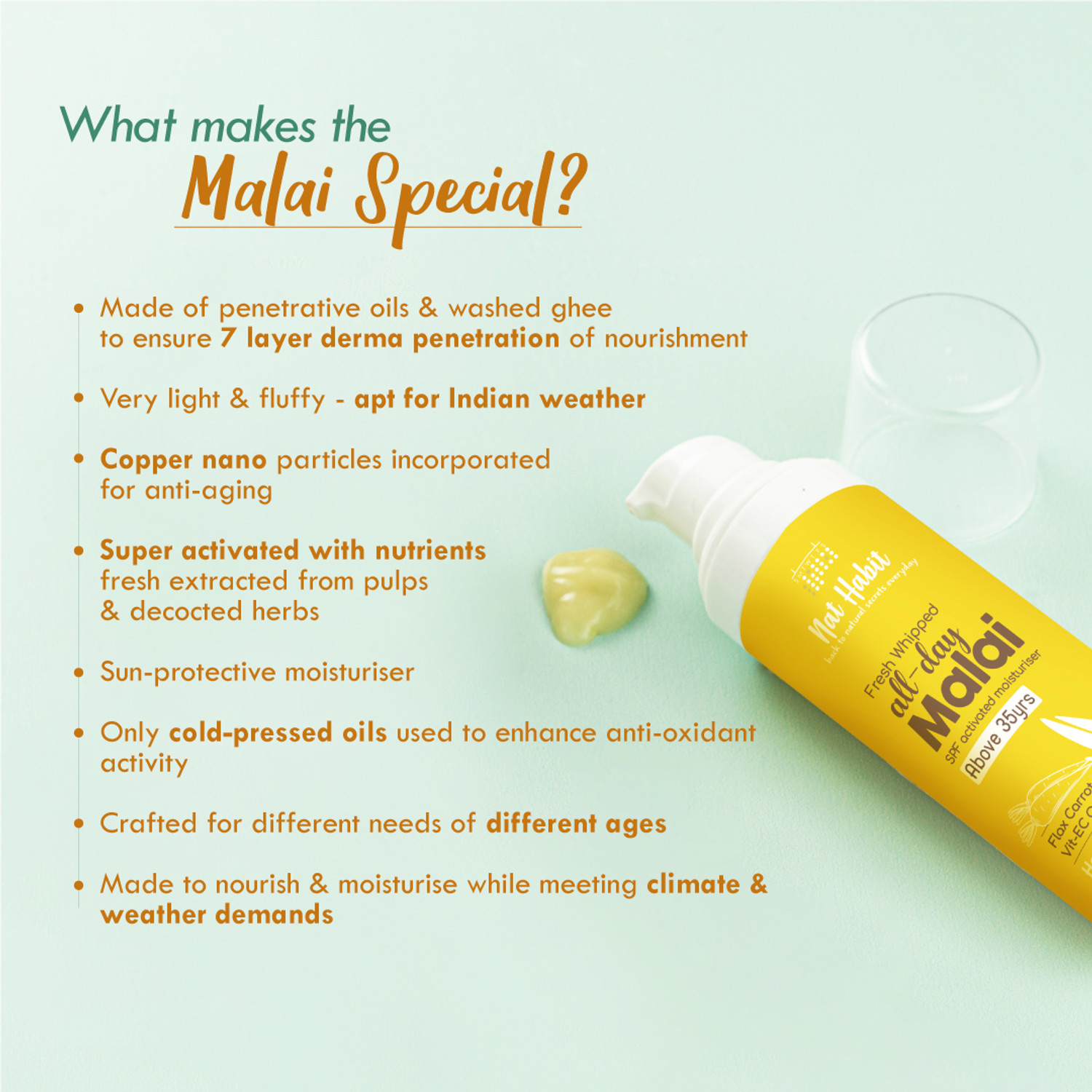 Image of Nat Habit Malai Face Cream For Summer With Fresh Whipped Flax Carrot Vitamins E,C & Omega+