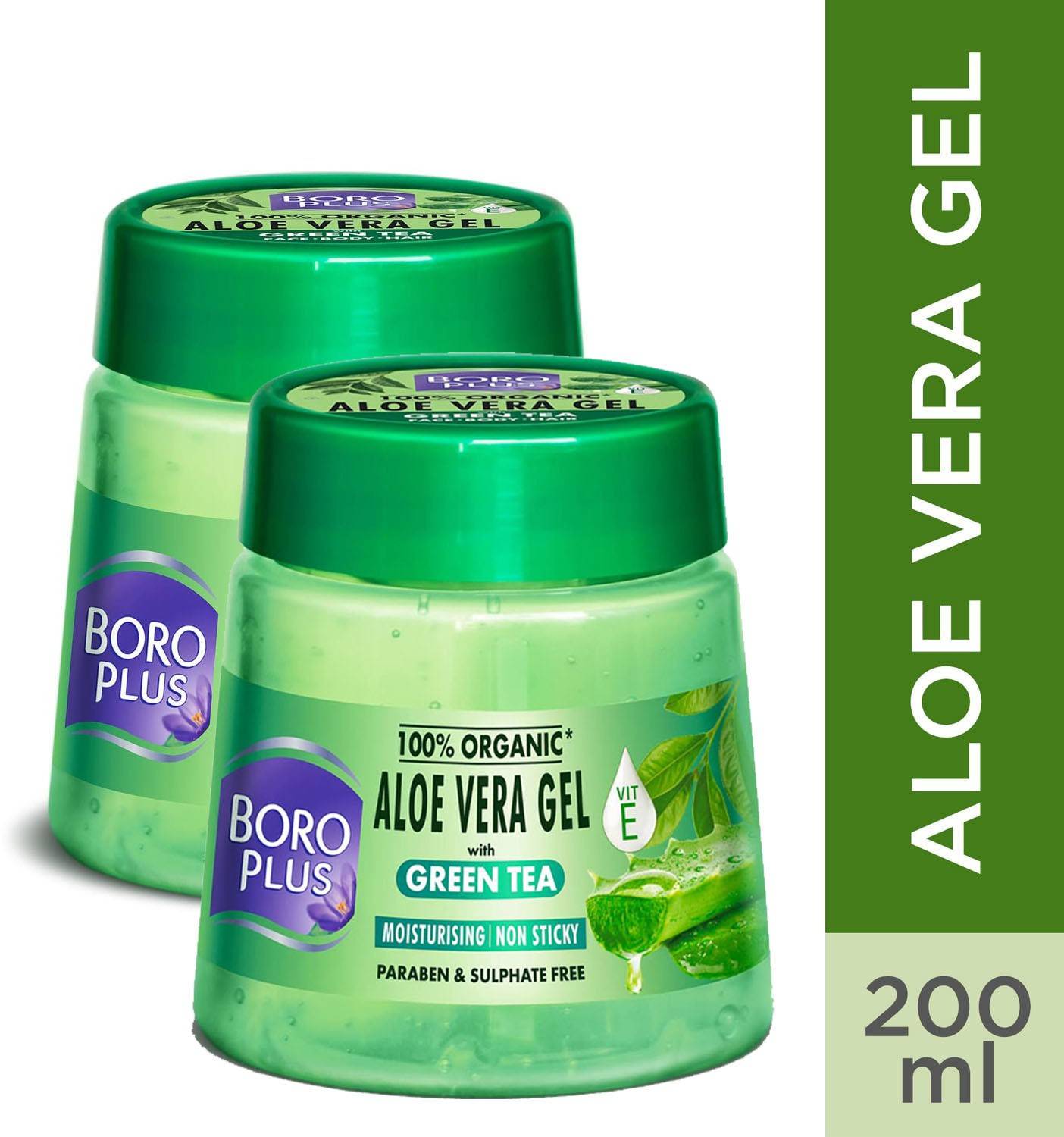 BOROPLUS Aloe Vera Gel with Green tea 100% Organic for Skin & Hair For Smooth 2 X 200ml