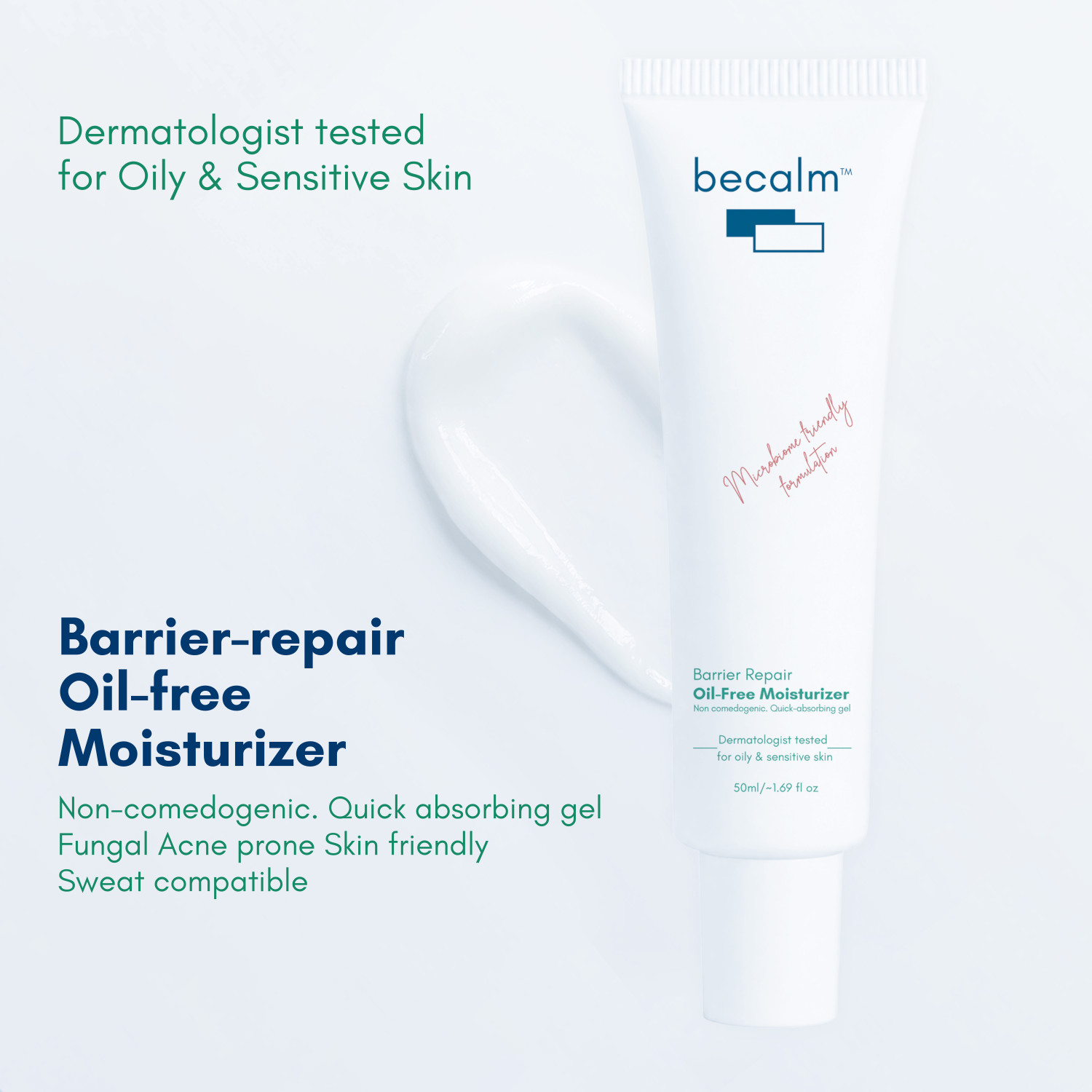 Image of Becalm Barrier Repair Oil-Free Moisturiser for Oily Skin & Sensitive Skin, Light Gel