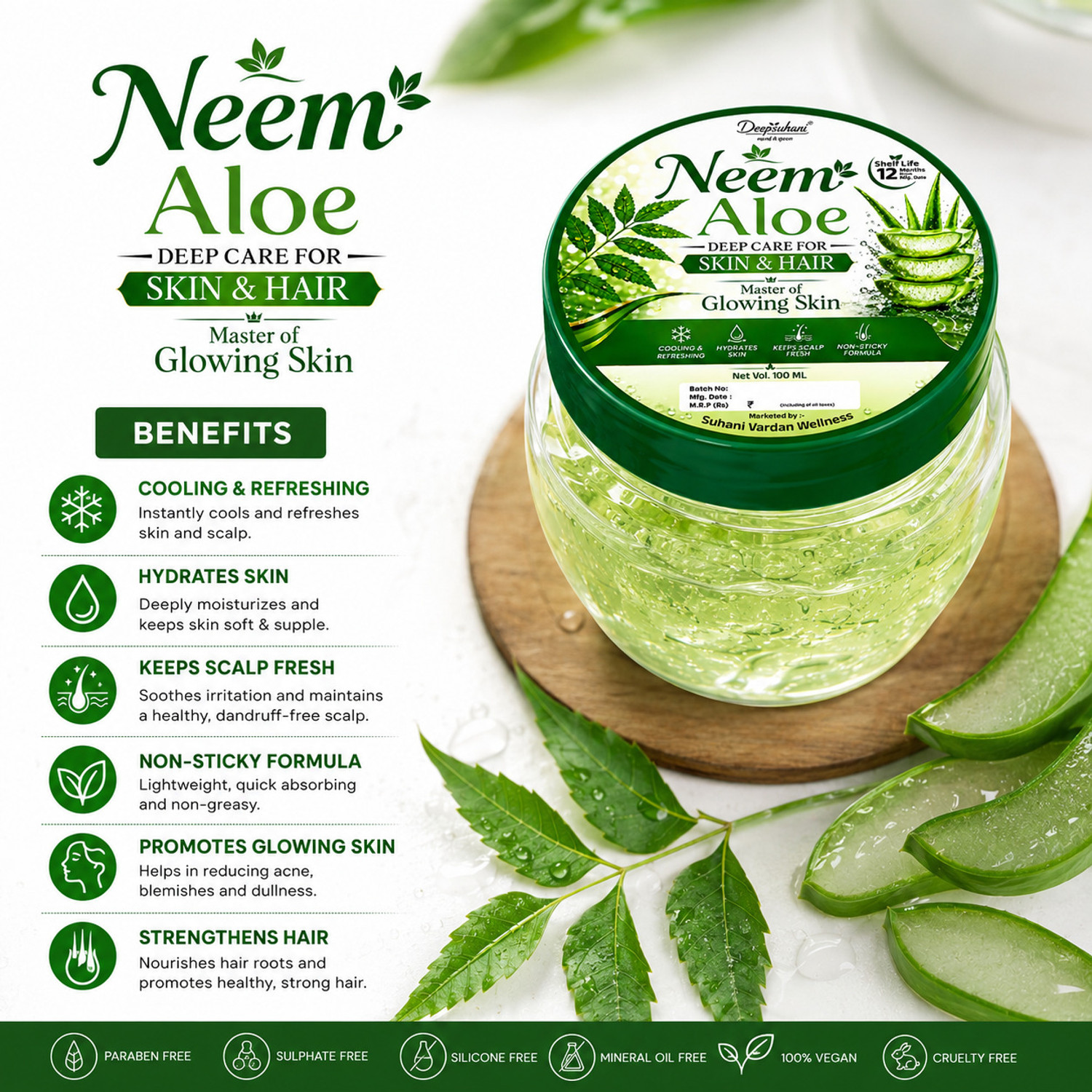 Image of deepsuhani Neem Aloe Vera Gel for Skin & Hair | Glowing Skin Care