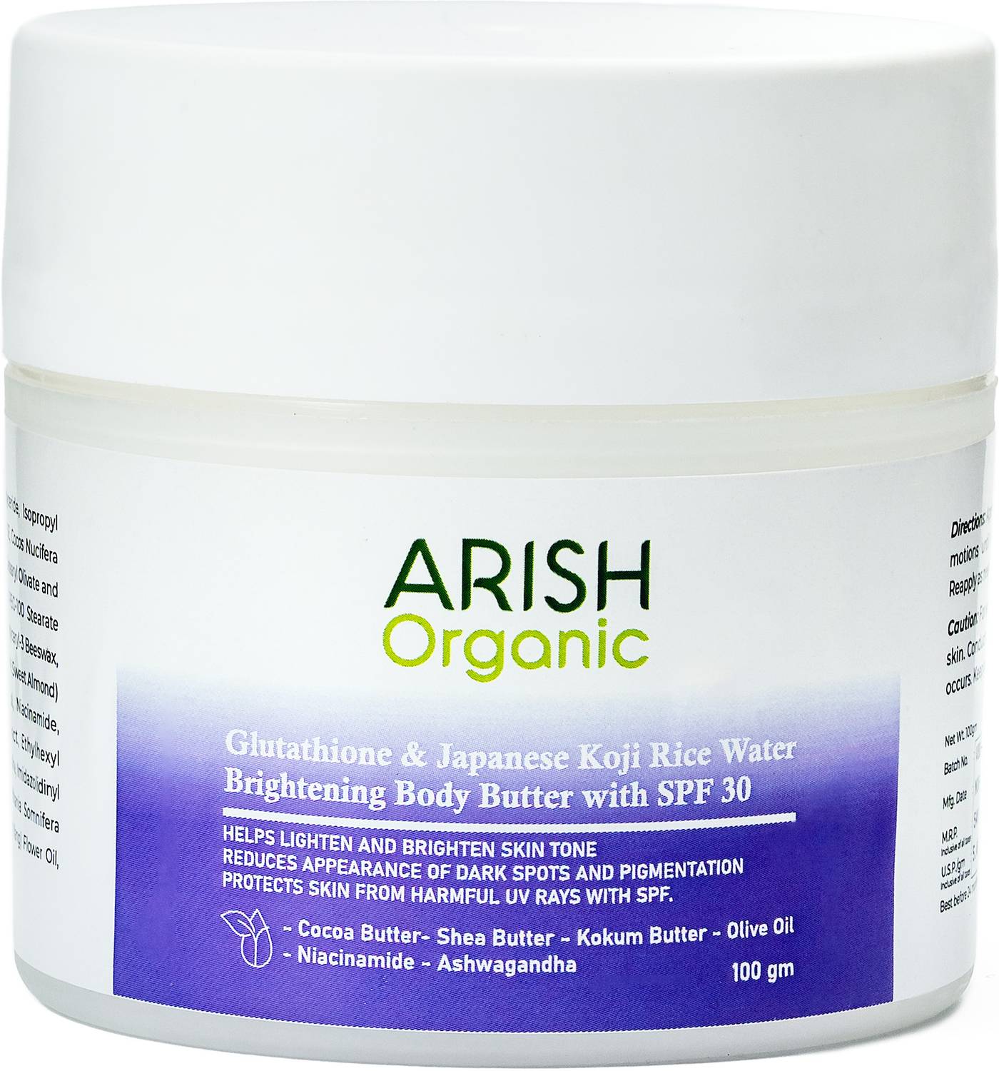 glutathione body butter Mild lightening butter, is enriched with to brighten for healthy, glowing skin., This body lotion keeps your skin soft, hydrated, nourished, and beautifully radiant every day., ARISH BIO-NATURAL Glutathione & Japanese