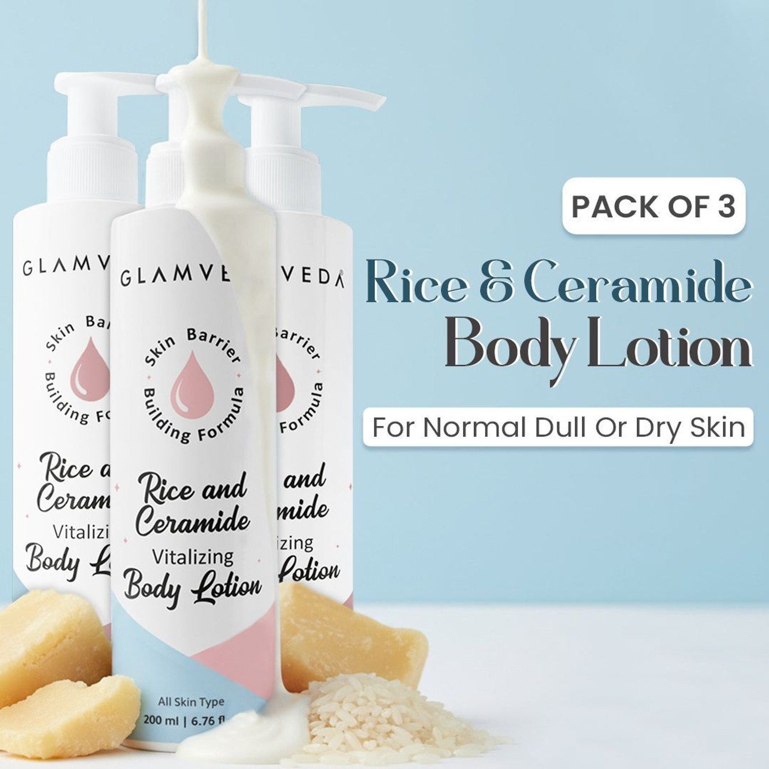 Image of GLAMVEDA Rice & Ceramide Glass Skin Body Lotion| Moisturizer|24H Moisture Lock |Pack of 3