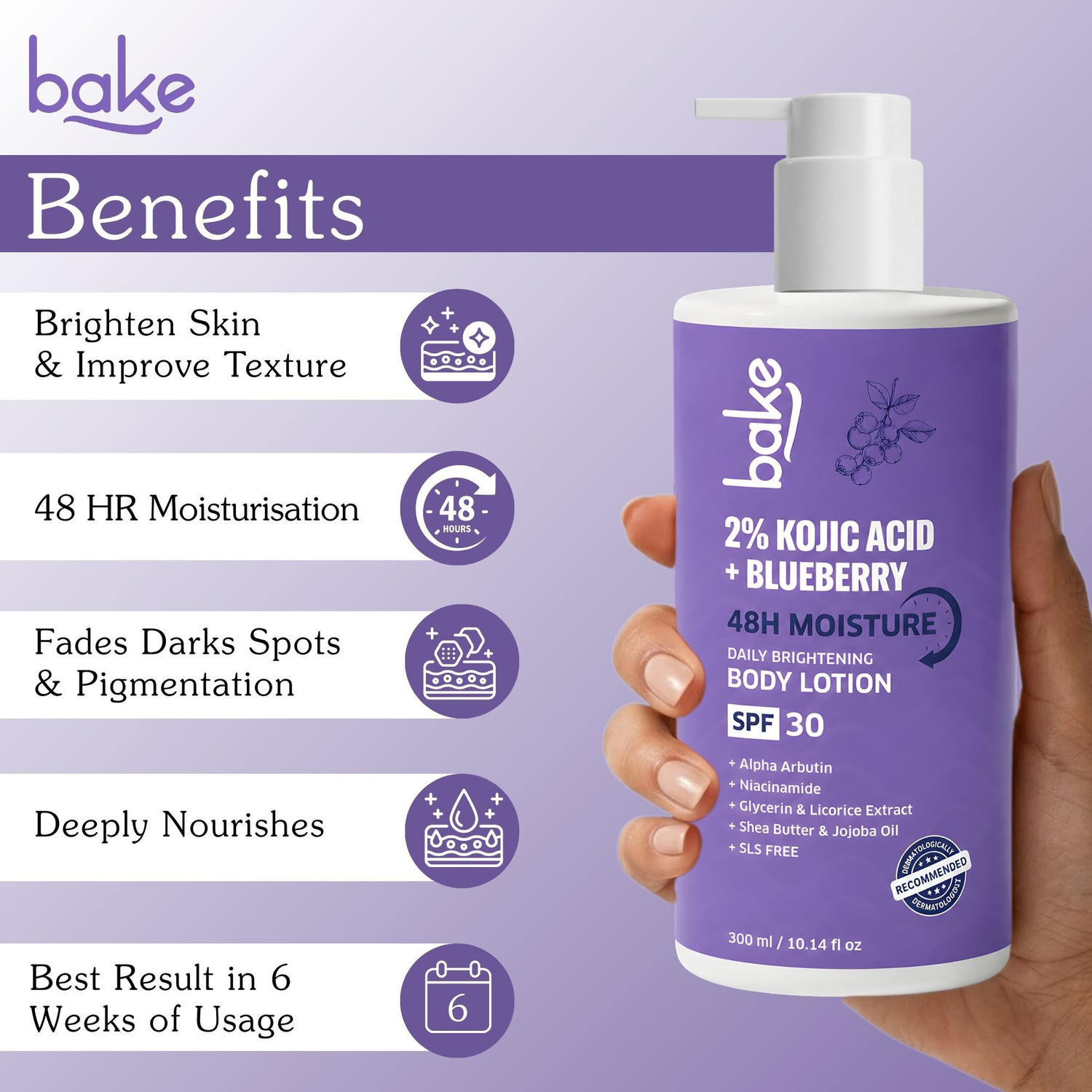 Image of BAKE 2% Kojic Acid Body Lotion SPF 30 For Dark Spots, Pigmentation & Tan Removal