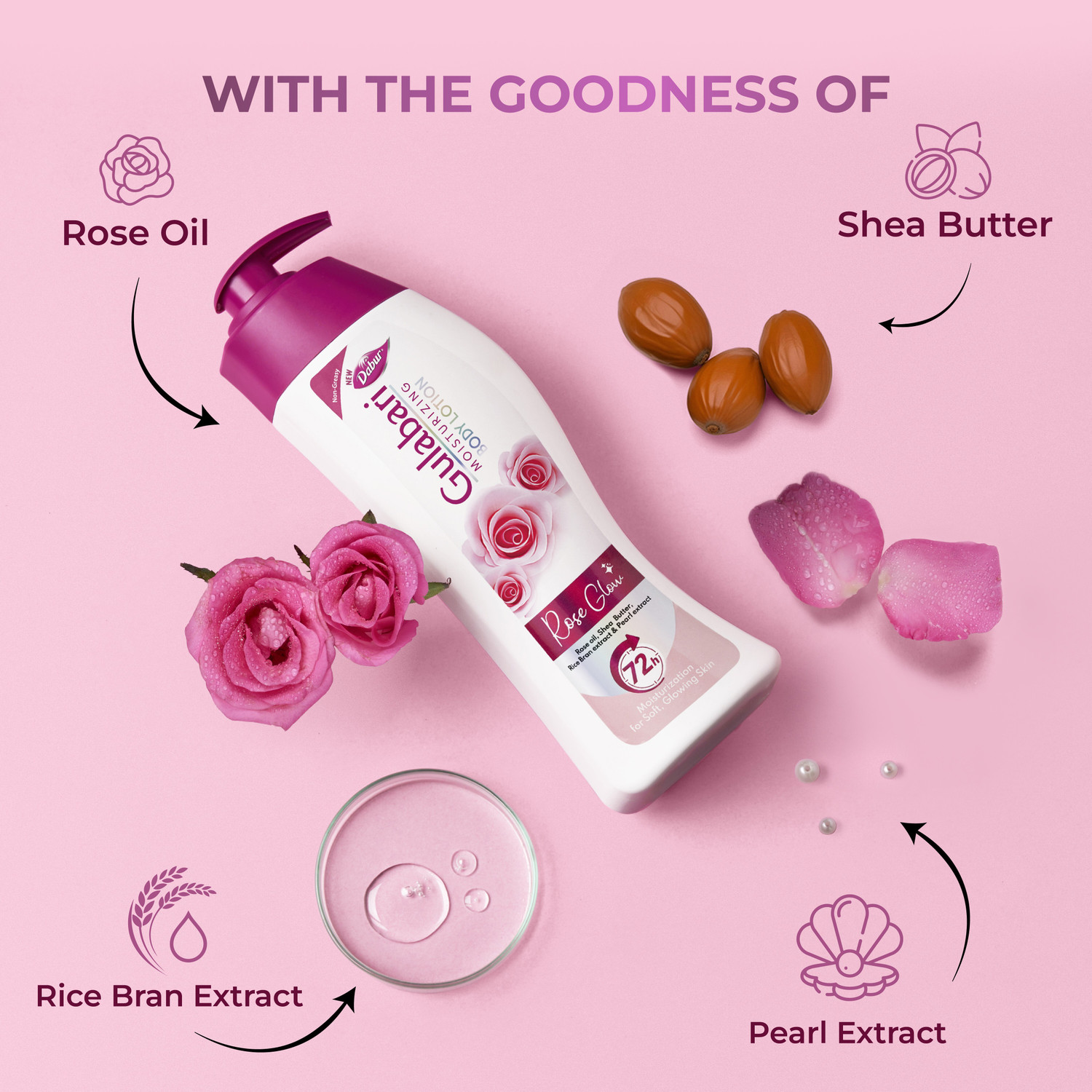 Image of Dabur Gulabari Moisturising Body Lotion | 100% Organic Rose Oil | Paraben Free