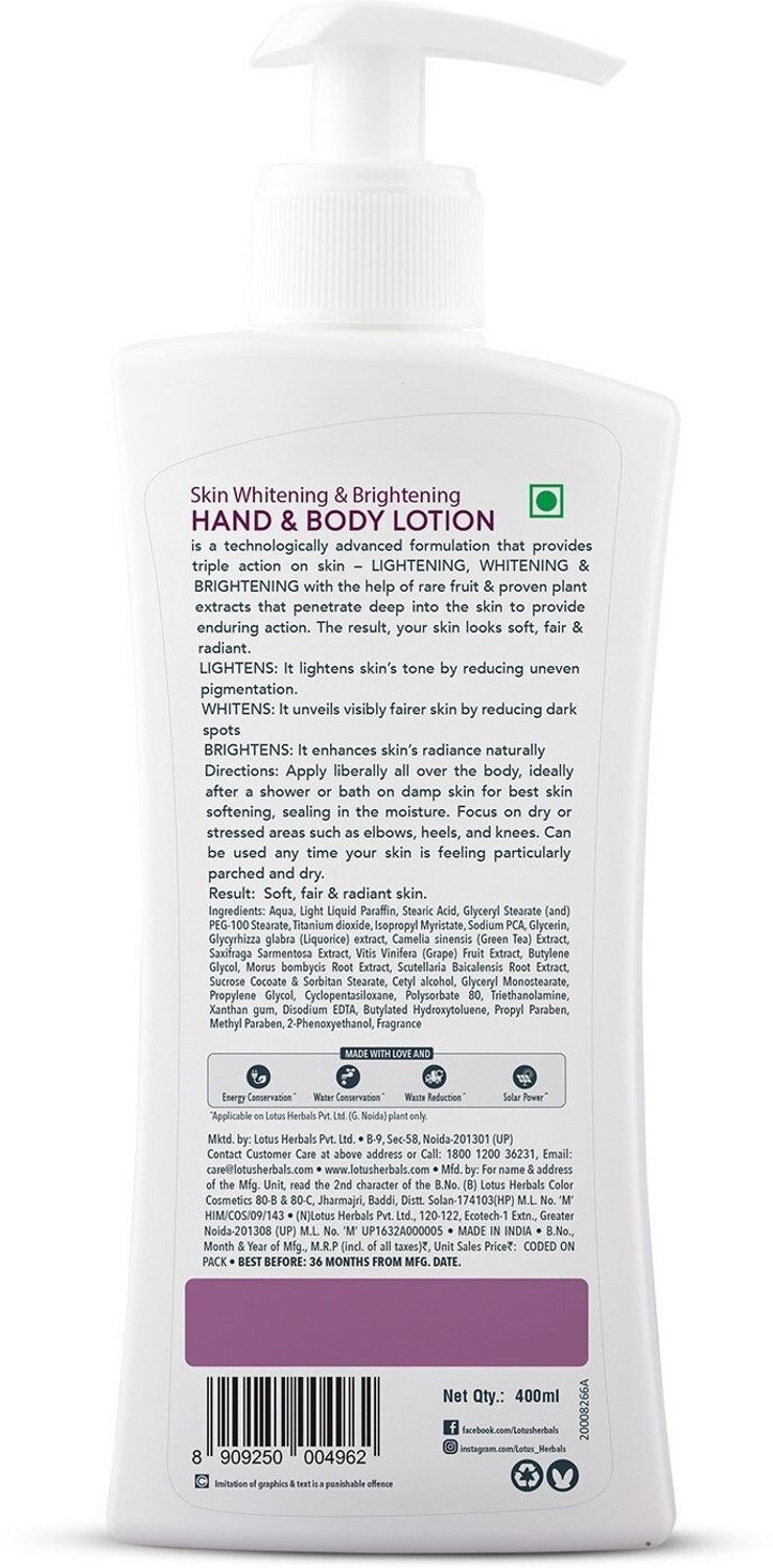 Image of LOTUS HERBALS WhiteGlow Skin Brightening Hand and Body lotion SPF 25 PA+++